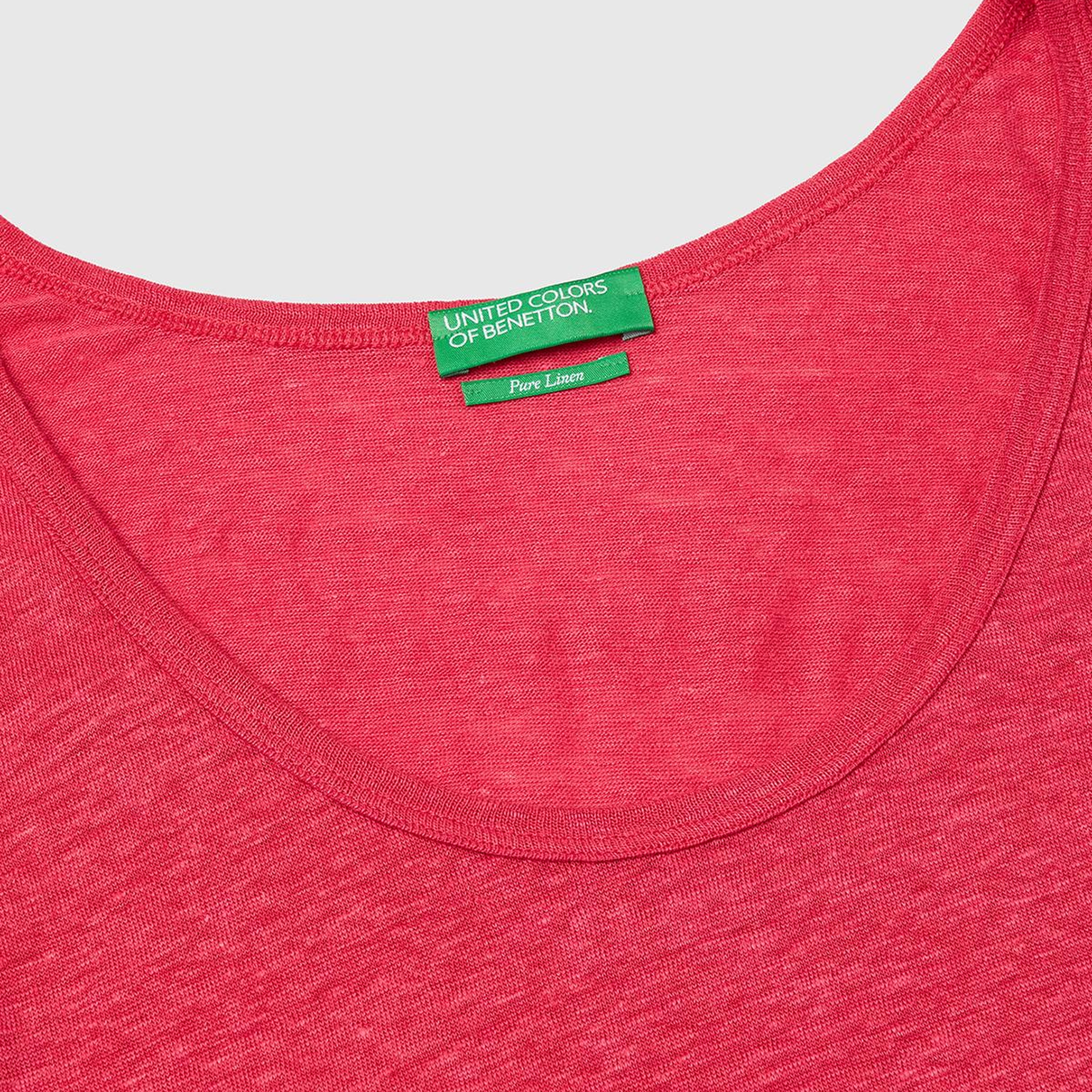 Kadın Fuşya %100 Keten Yanları Yırtmaçlı Regular Fit Yuvarlak Yaka Atlet