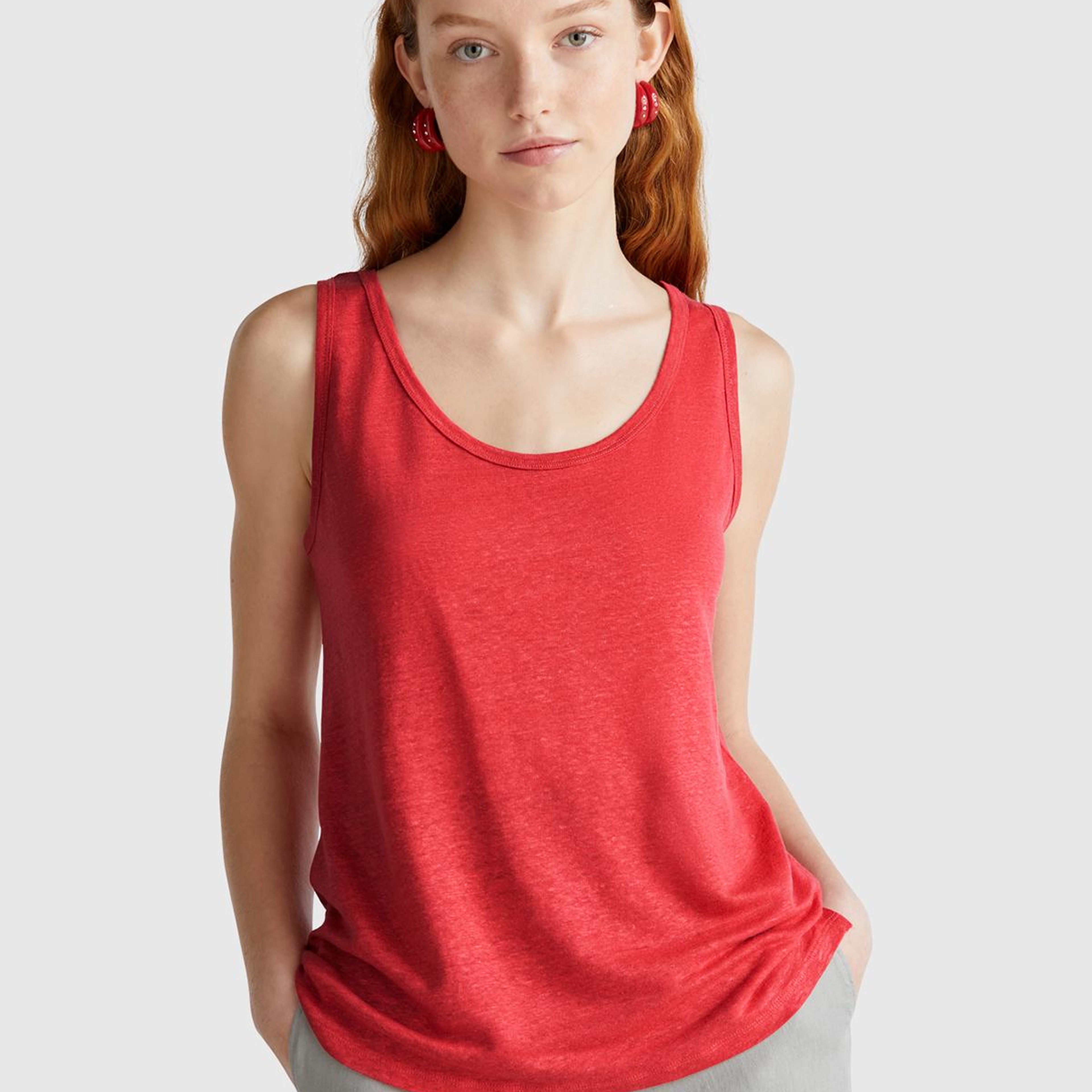 Kadın Mercan %100 Keten Yanları Yırtmaçlı Regular Fit Yuvarlak Yaka Atlet