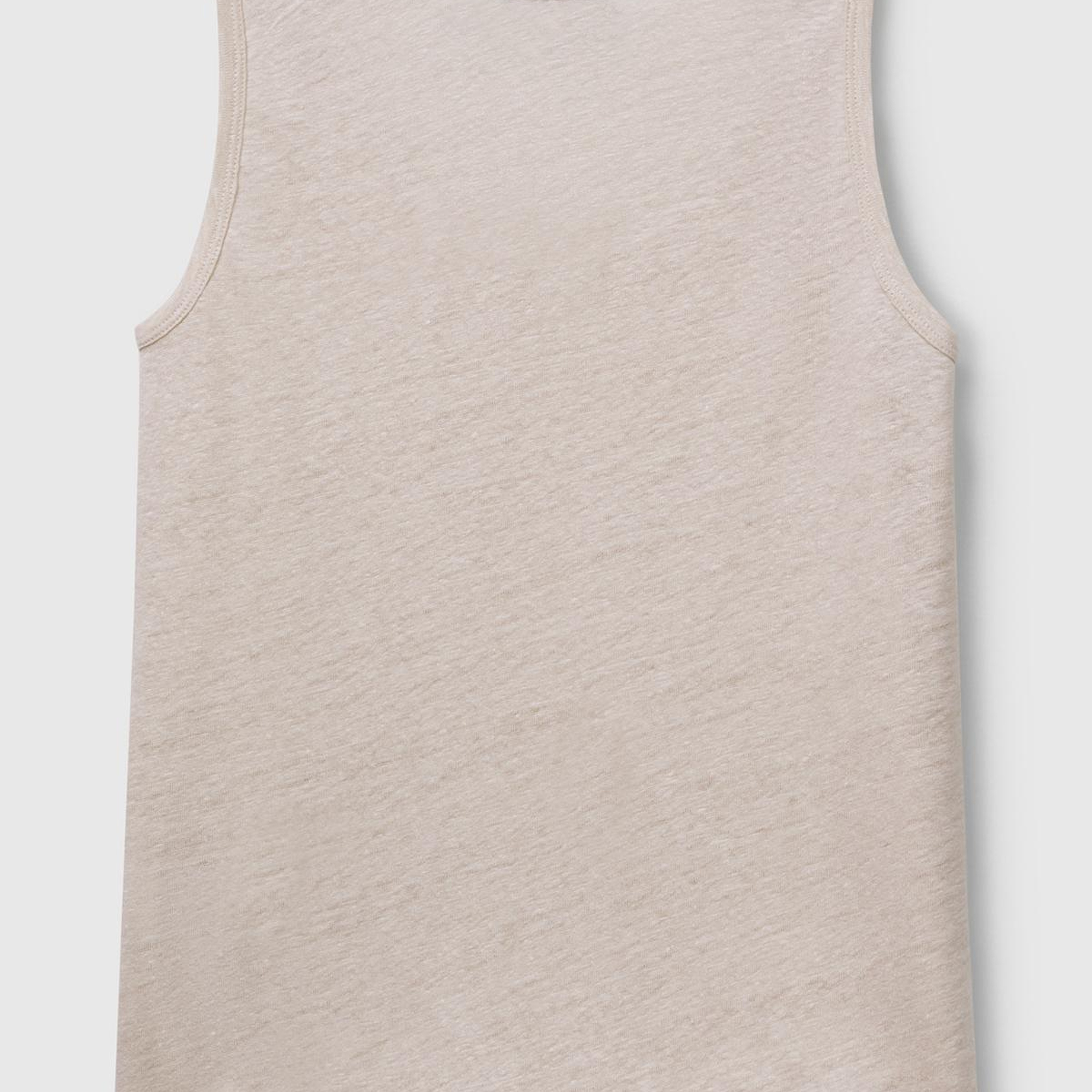 Kadın Taş Rengi %100 Keten Yanları Yırtmaçlı Regular Fit Yuvarlak Yaka Atlet