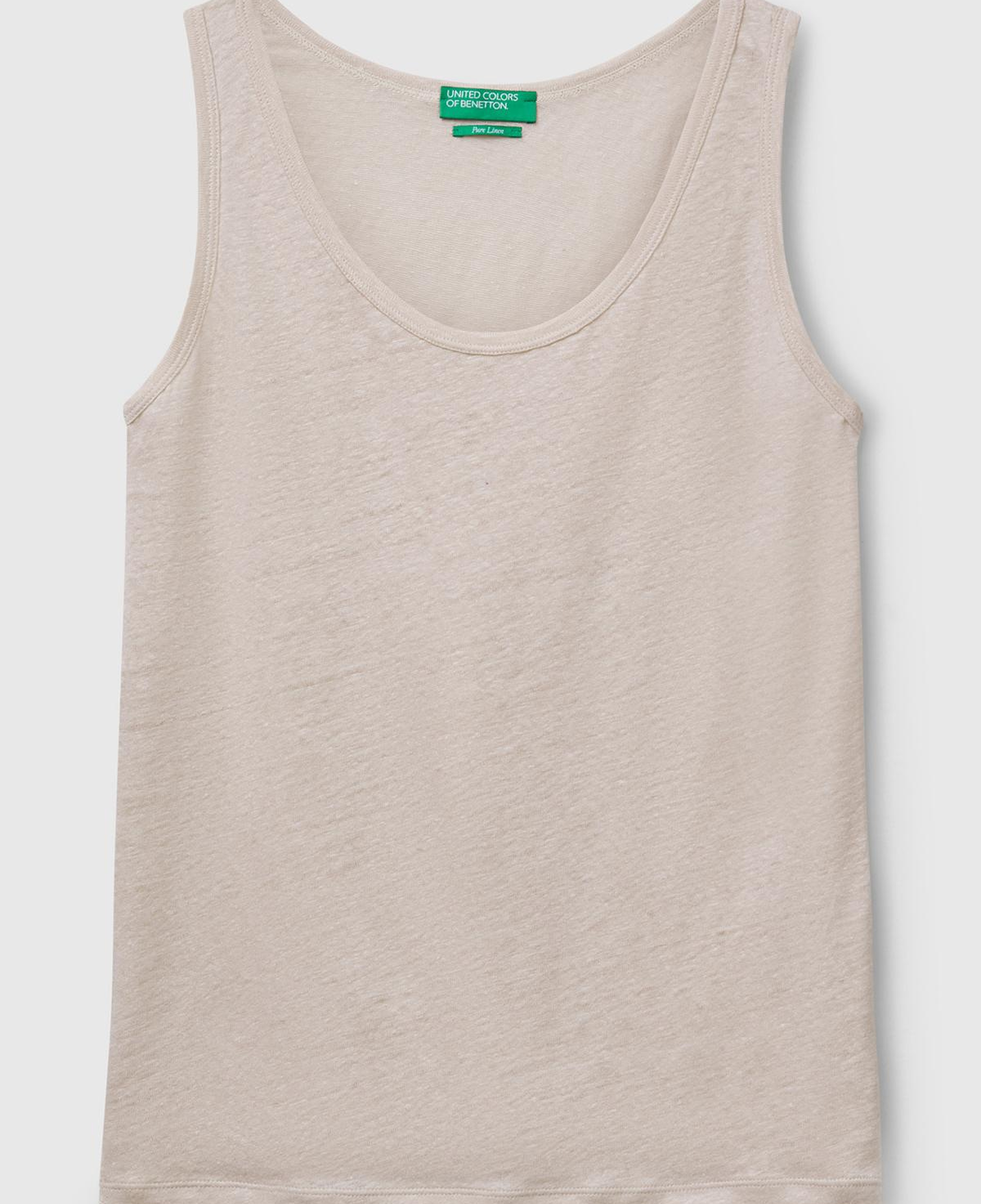 Kadın Taş Rengi %100 Keten Yanları Yırtmaçlı Regular Fit Yuvarlak Yaka Atlet