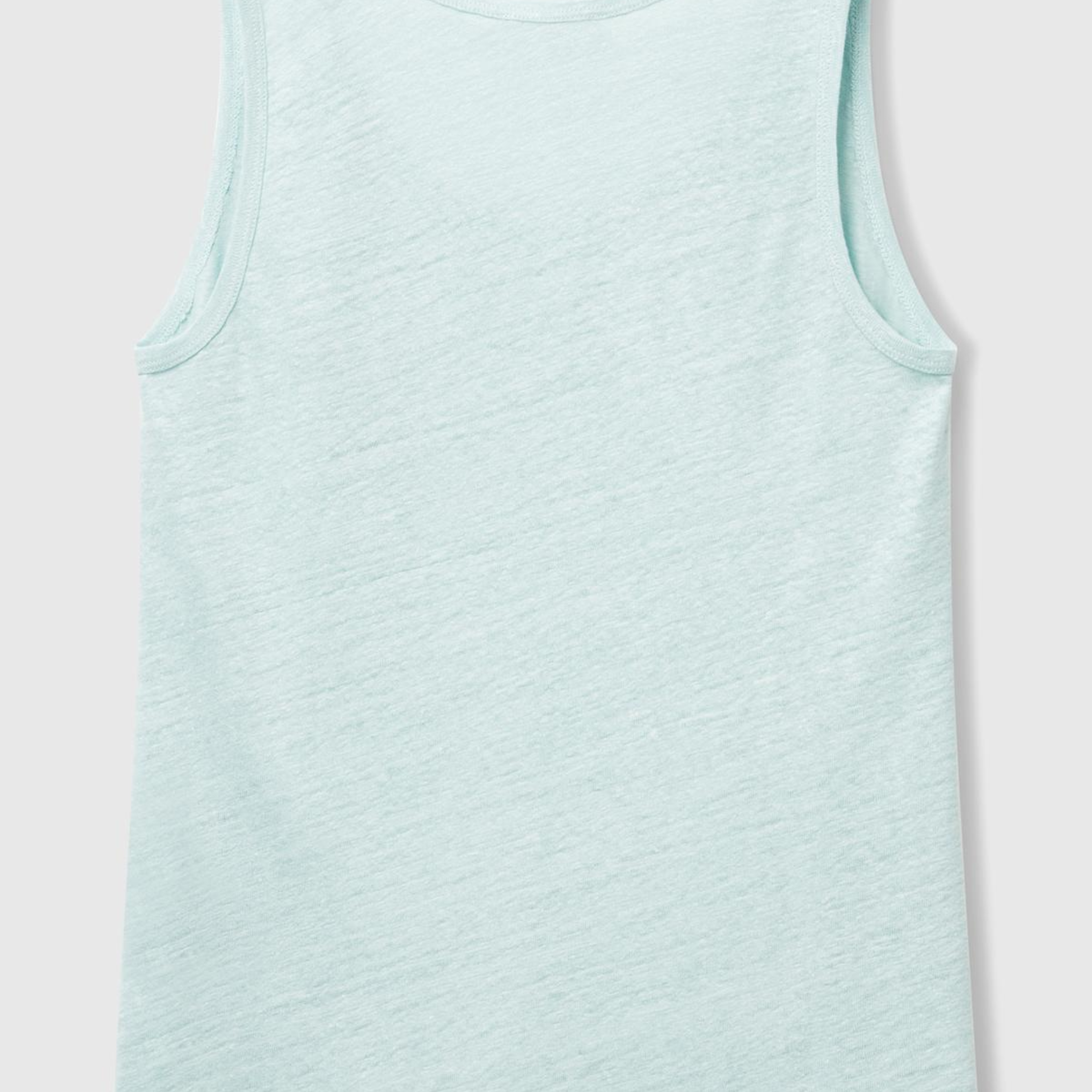 Kadın Su Yeşili %100 Keten Yanları Yırtmaçlı Regular Fit Yuvarlak Yaka Atlet