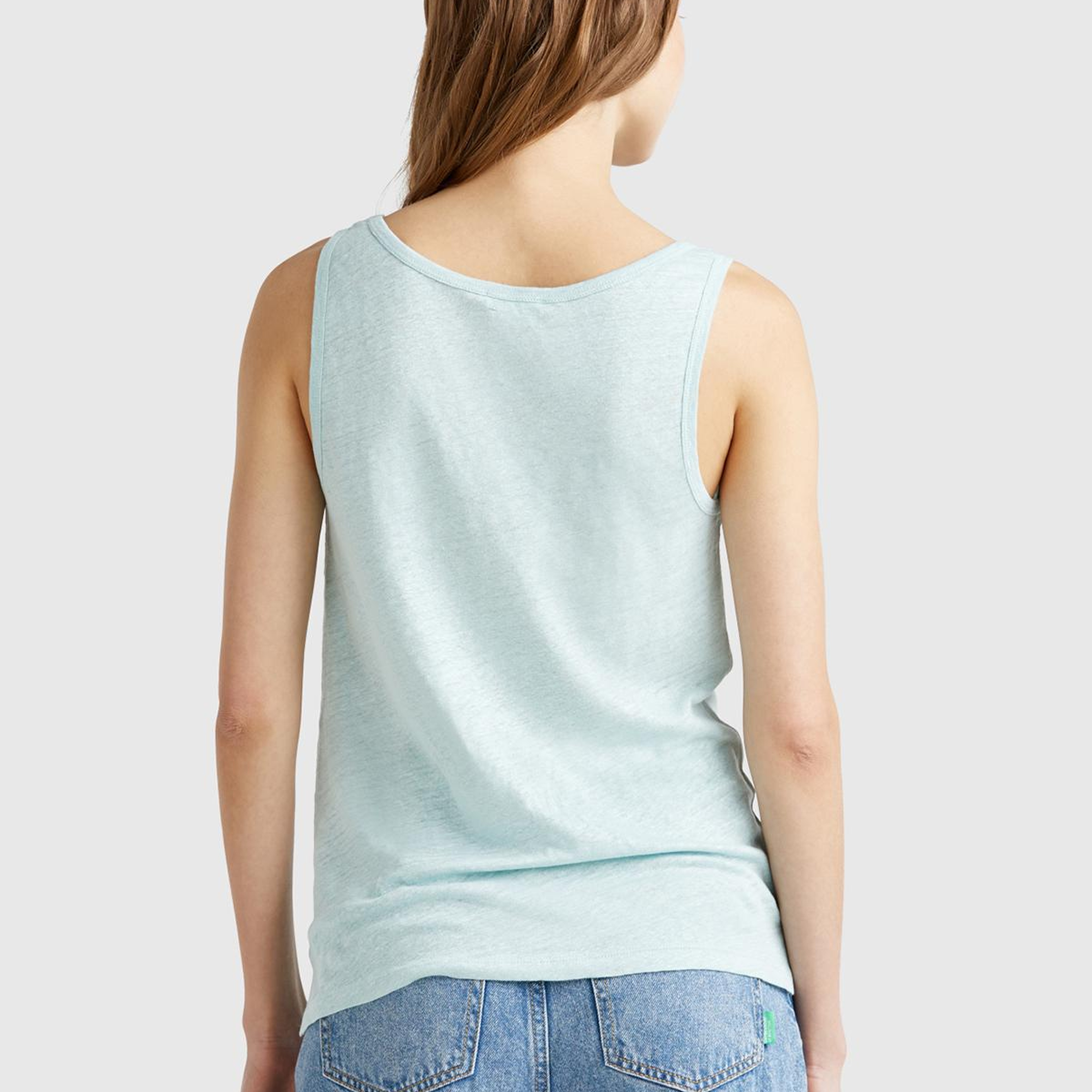 Kadın Su Yeşili %100 Keten Yanları Yırtmaçlı Regular Fit Yuvarlak Yaka Atlet