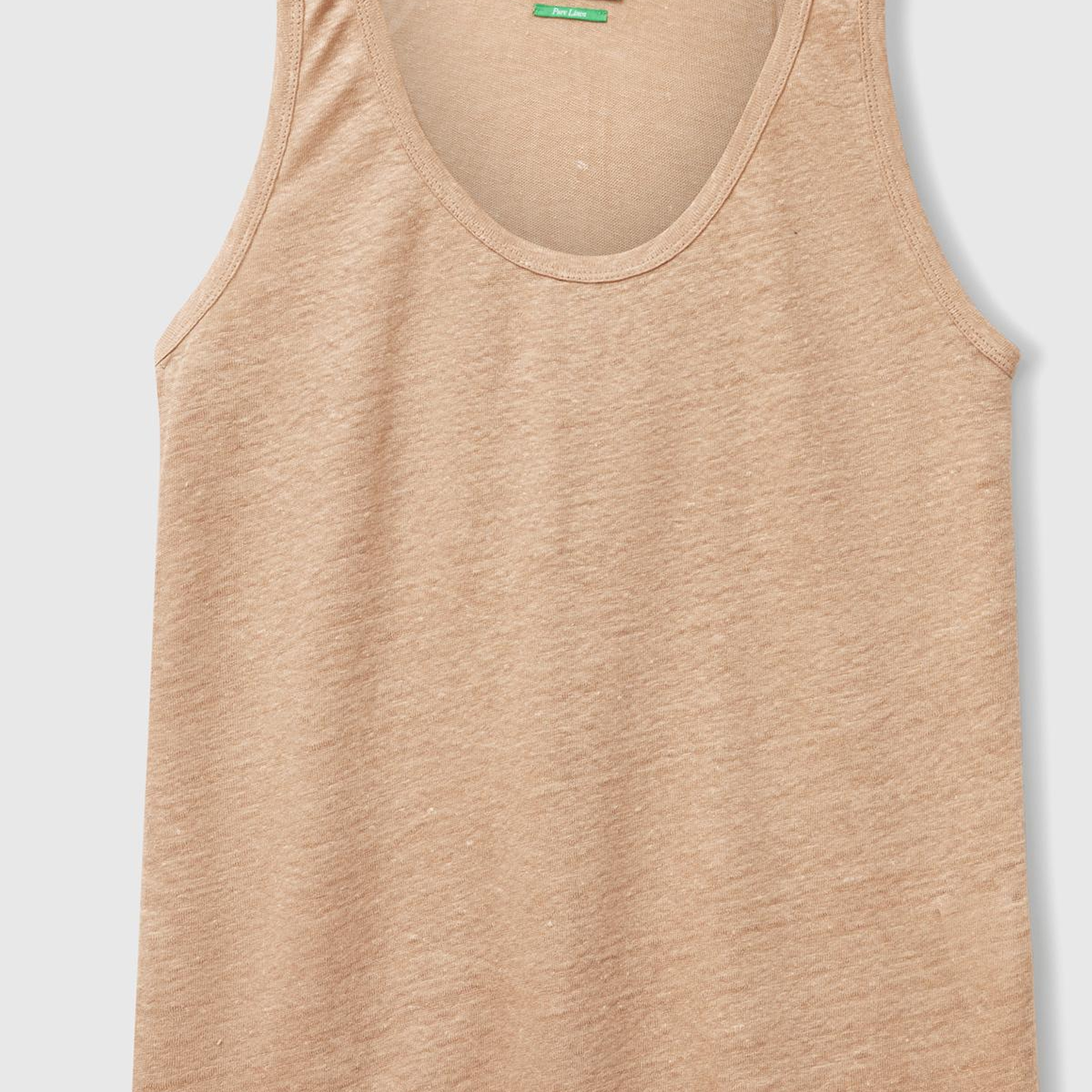 Kadın Bej %100 Keten Yanları Yırtmaçlı Regular Fit Yuvarlak Yaka Atlet