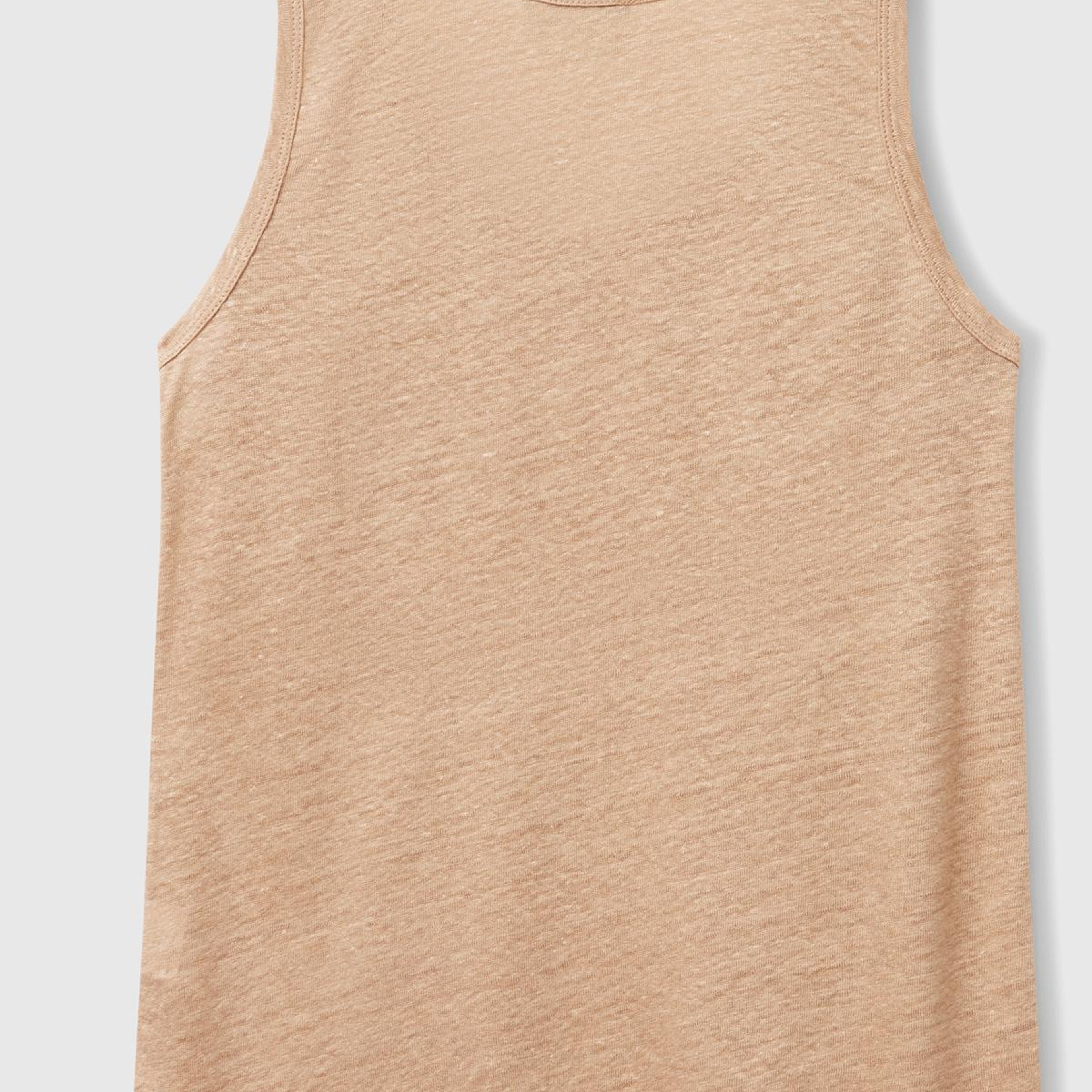 Kadın Bej %100 Keten Yanları Yırtmaçlı Regular Fit Yuvarlak Yaka Atlet