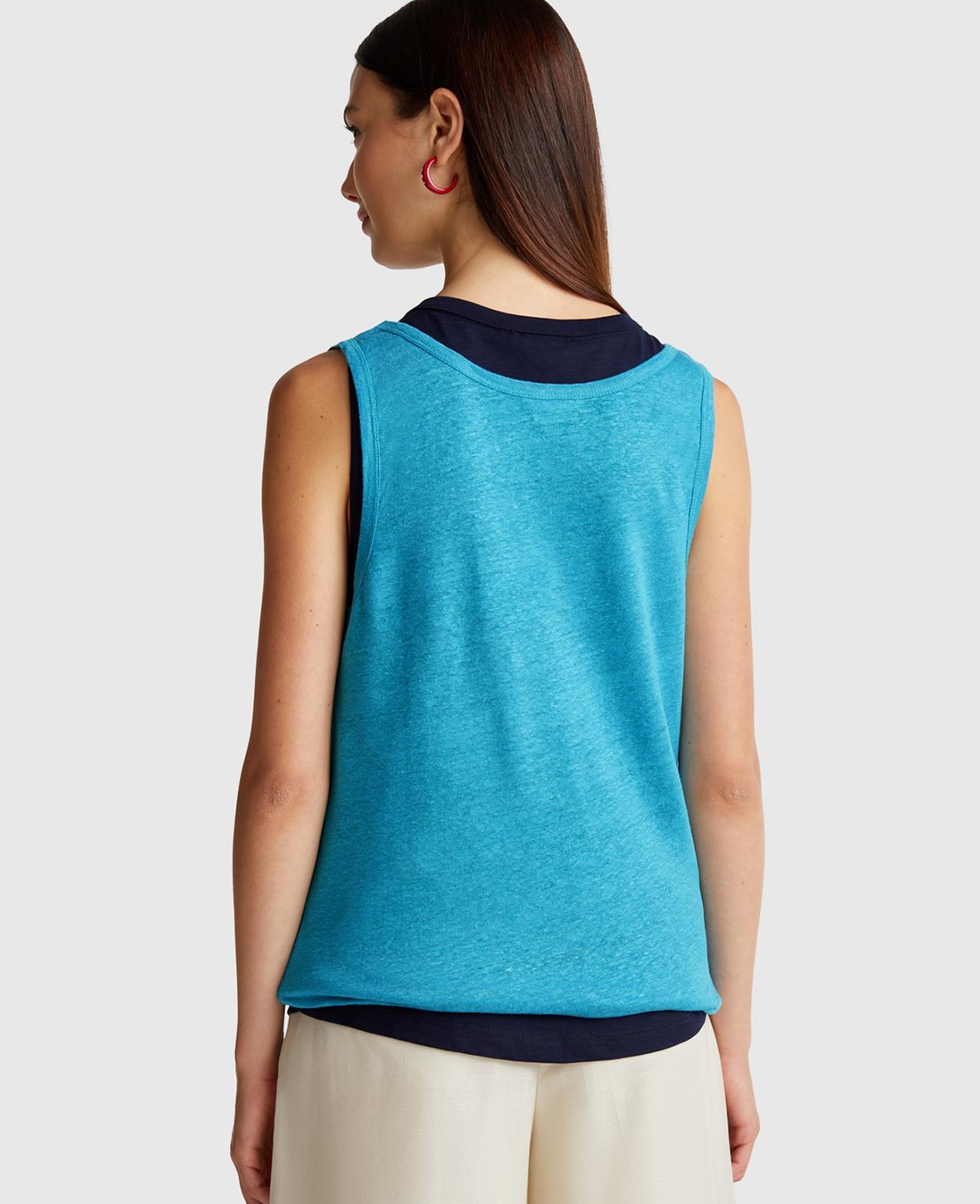 Kadın Mavi %100 Keten Yanları Yırtmaçlı Regular Fit Yuvarlak Yaka Atlet