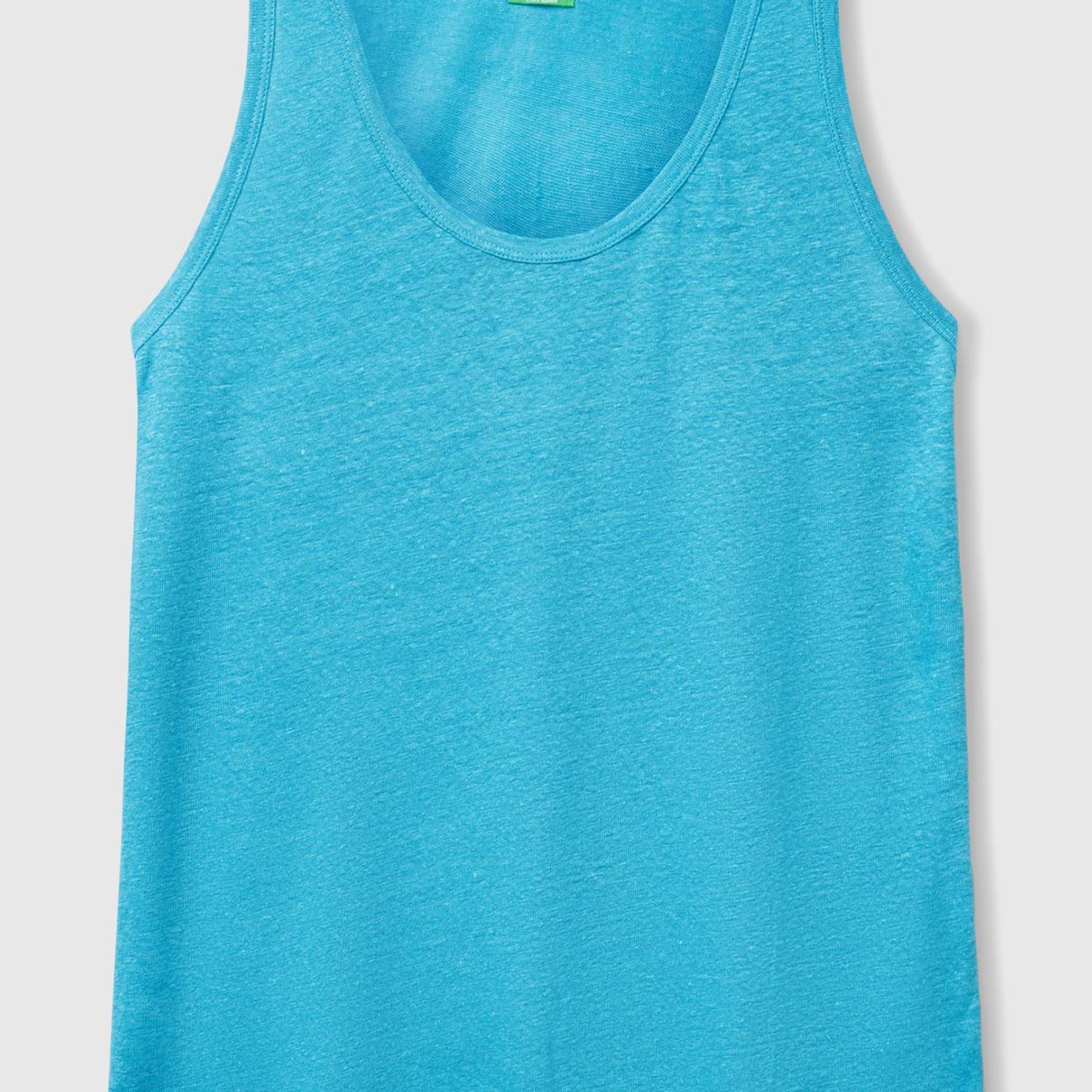 Kadın Mavi %100 Keten Yanları Yırtmaçlı Regular Fit Yuvarlak Yaka Atlet