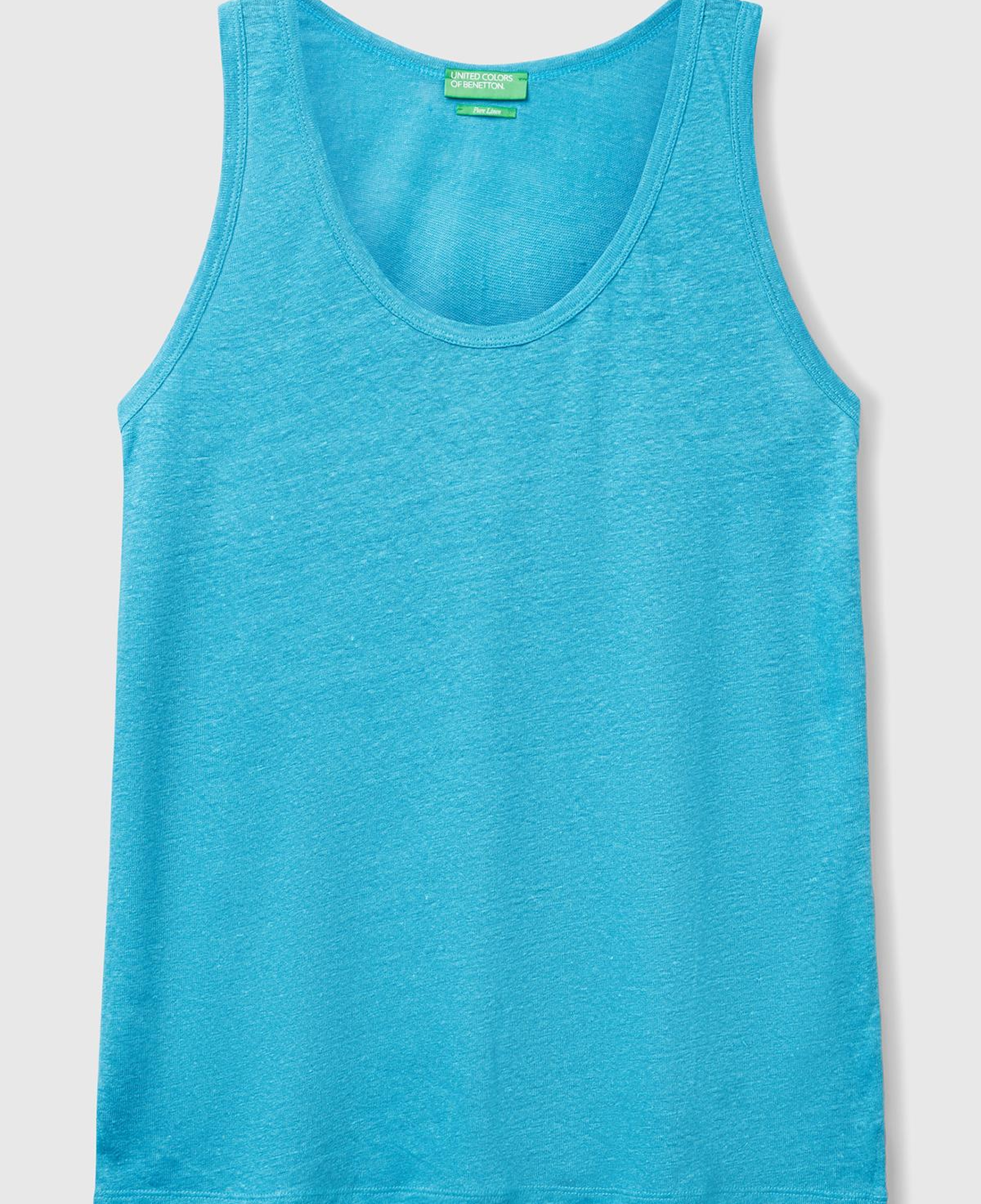 Kadın Mavi %100 Keten Yanları Yırtmaçlı Regular Fit Yuvarlak Yaka Atlet