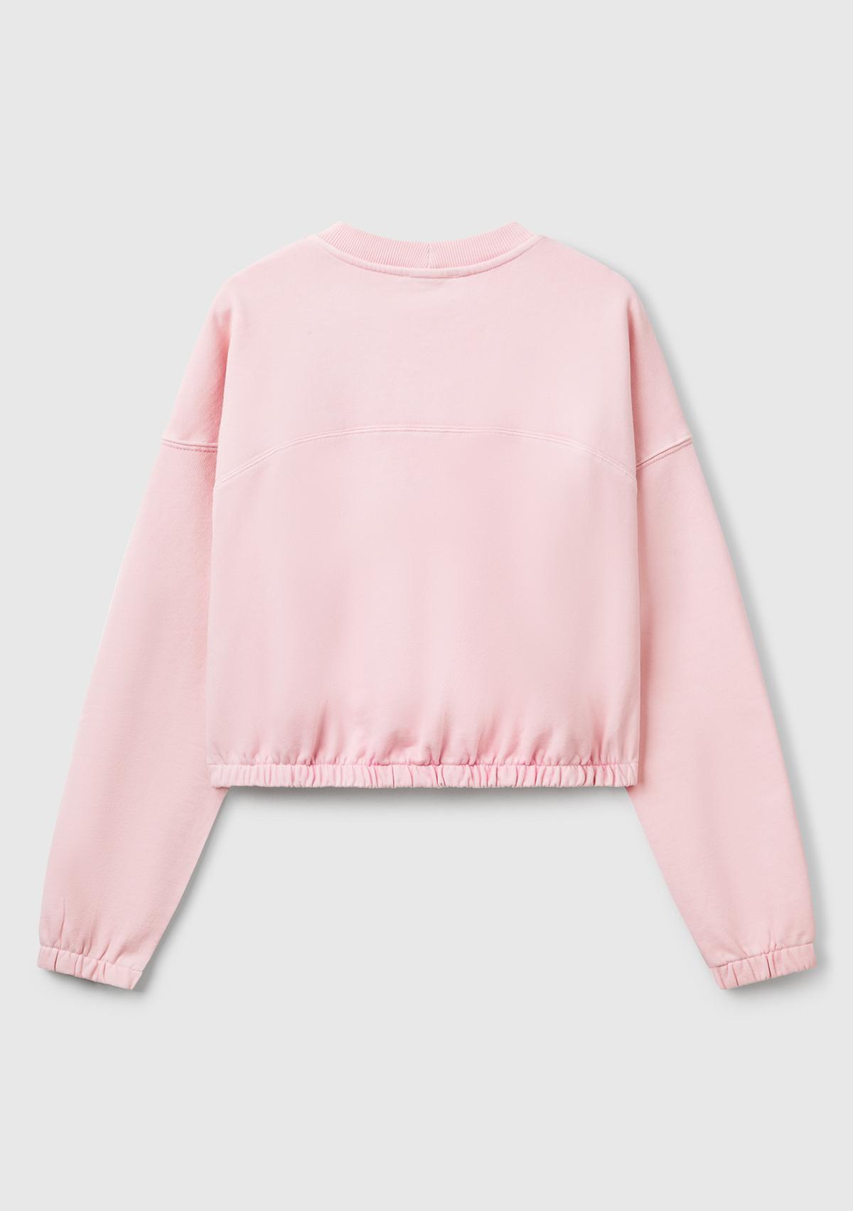 Kadın Pembe %100 Pamuk Logo Baskılı Düşük Omuzlu Relax Fit Sweatshirt