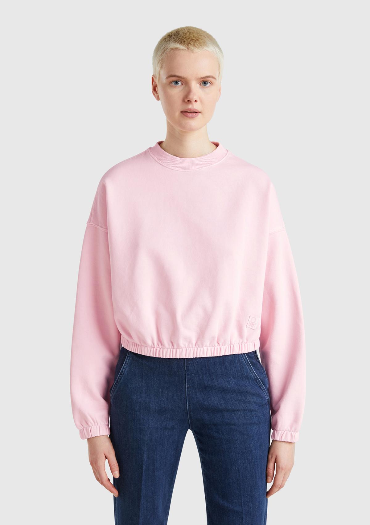 Kadın Pembe %100 Pamuk Logo Baskılı Düşük Omuzlu Relax Fit Sweatshirt