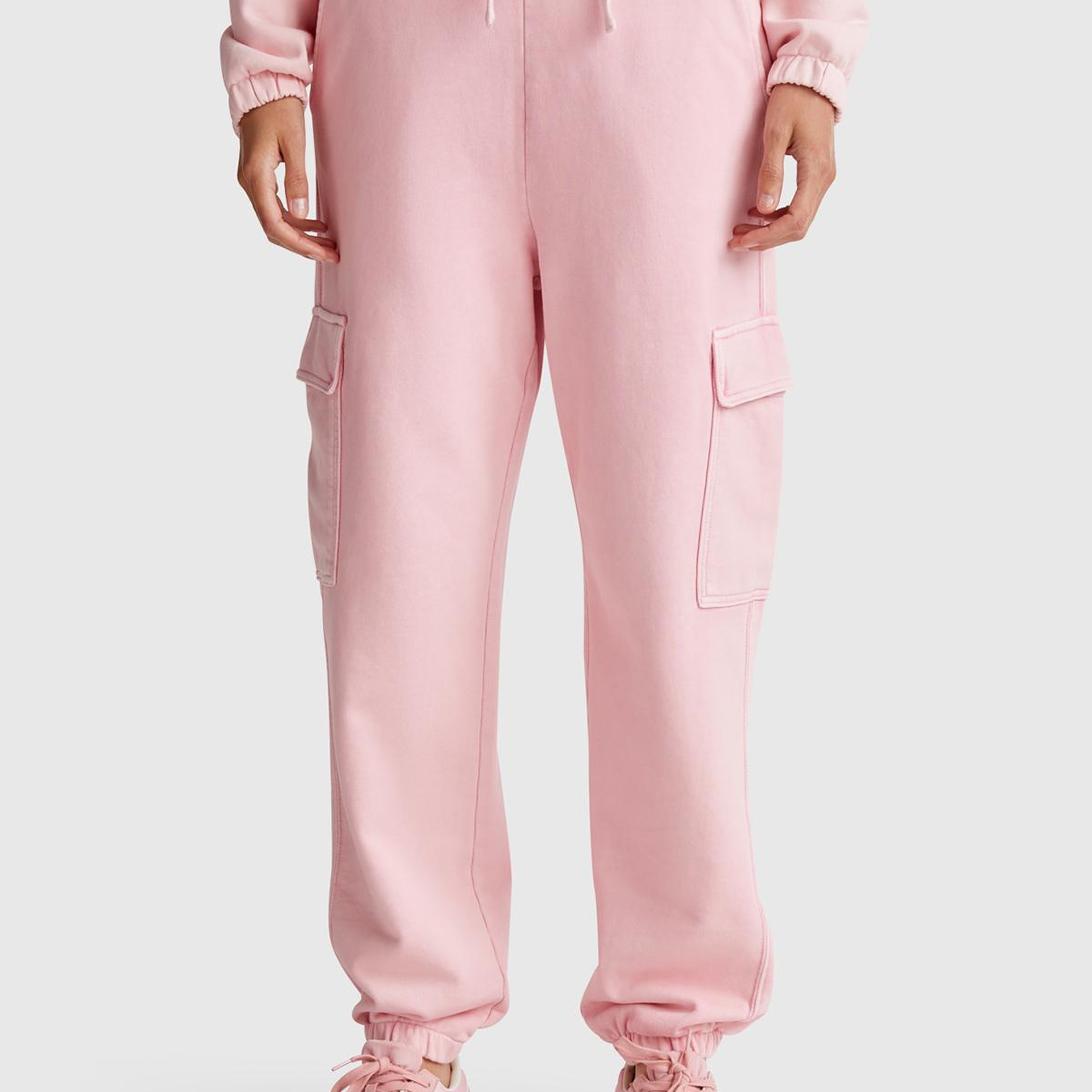 Kadın Pembe %100 Pamuk Beli İpli Relax Fit Kargo Eşofman Altı