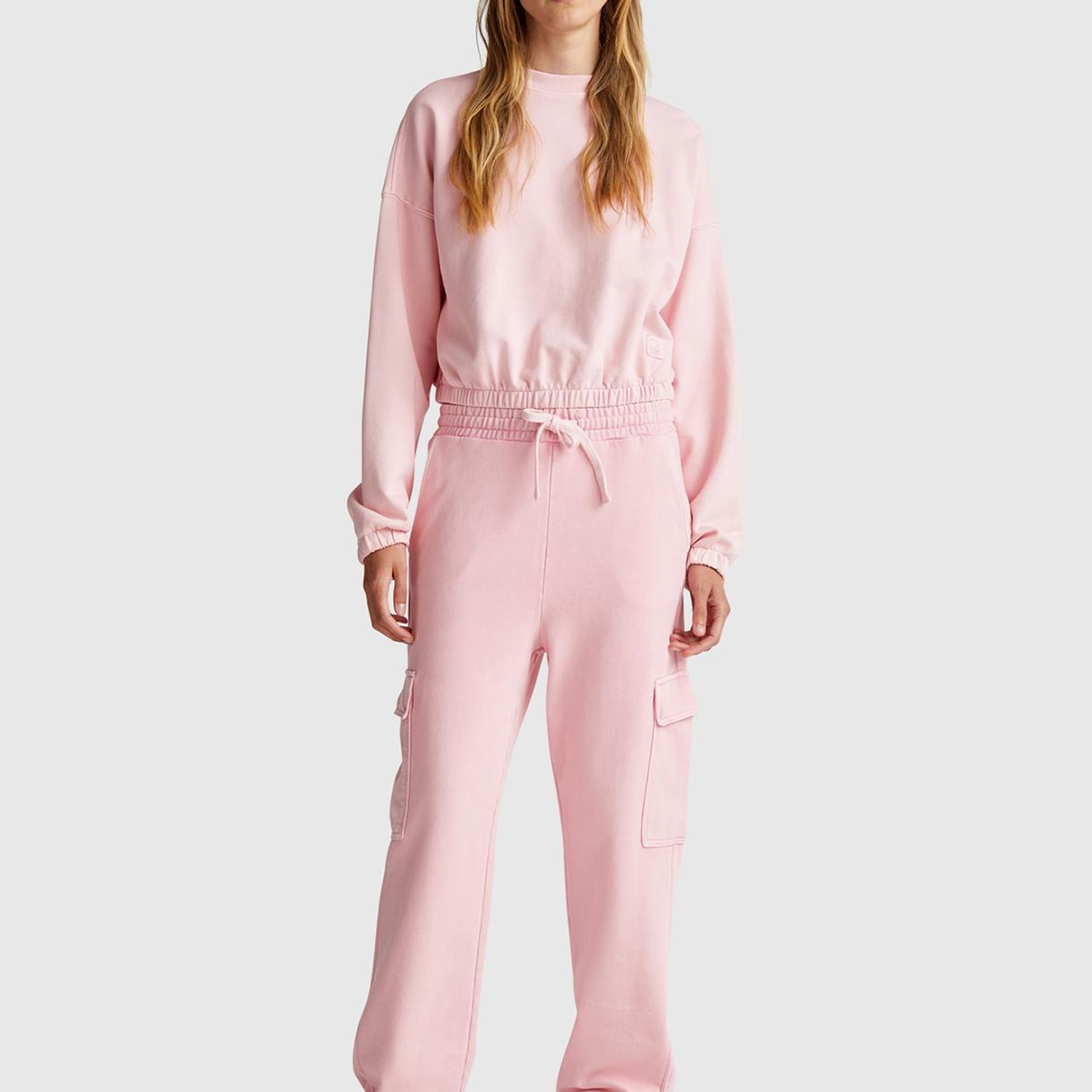 Kadın Pembe %100 Pamuk Beli İpli Relax Fit Kargo Eşofman Altı