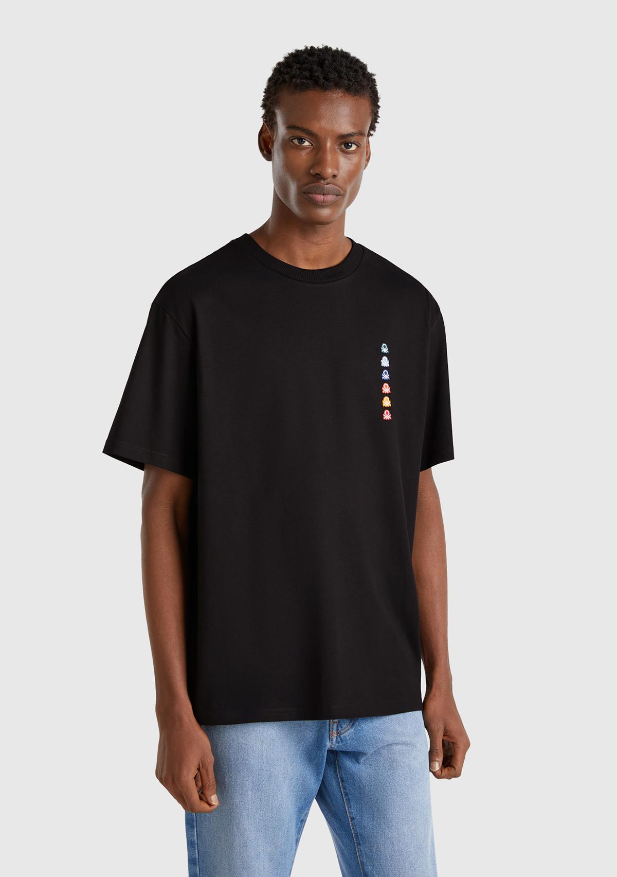 Erkek Siyah %100 Pamuk Çok Renkli Logolu Oversize Bisiklet Yaka T-Shirt