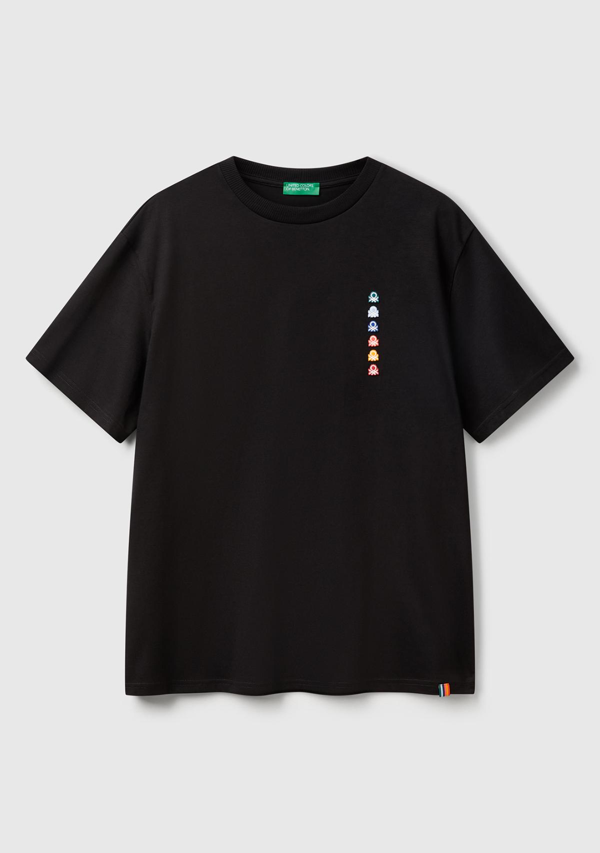 Erkek Siyah %100 Pamuk Çok Renkli Logolu Oversize Bisiklet Yaka T-Shirt