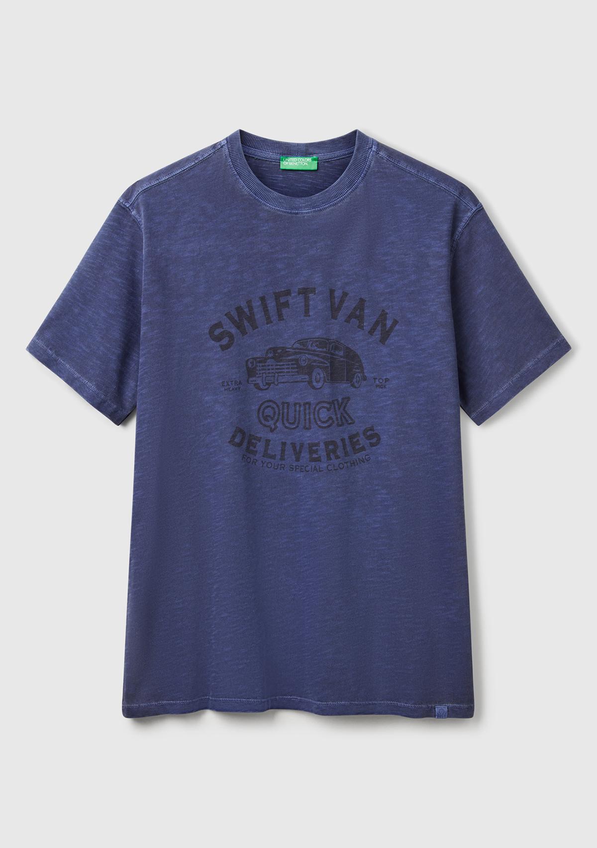 Erkek İndigo %100 Pamuk Yıpranmış Efektli Önü Baskılı Relax Fit T-Shirt