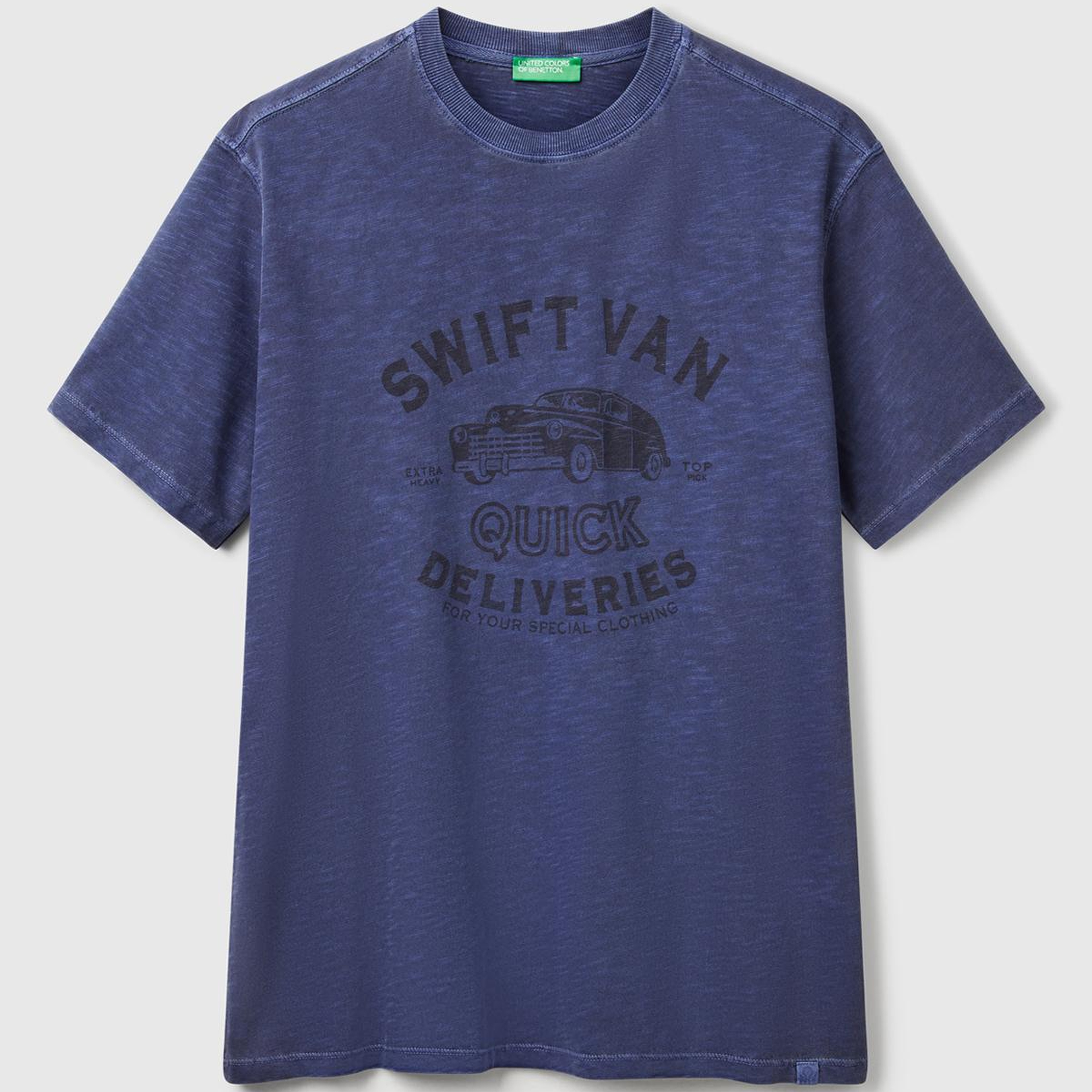 Erkek İndigo %100 Pamuk Yıpranmış Efektli Önü Baskılı Relax Fit T-Shirt