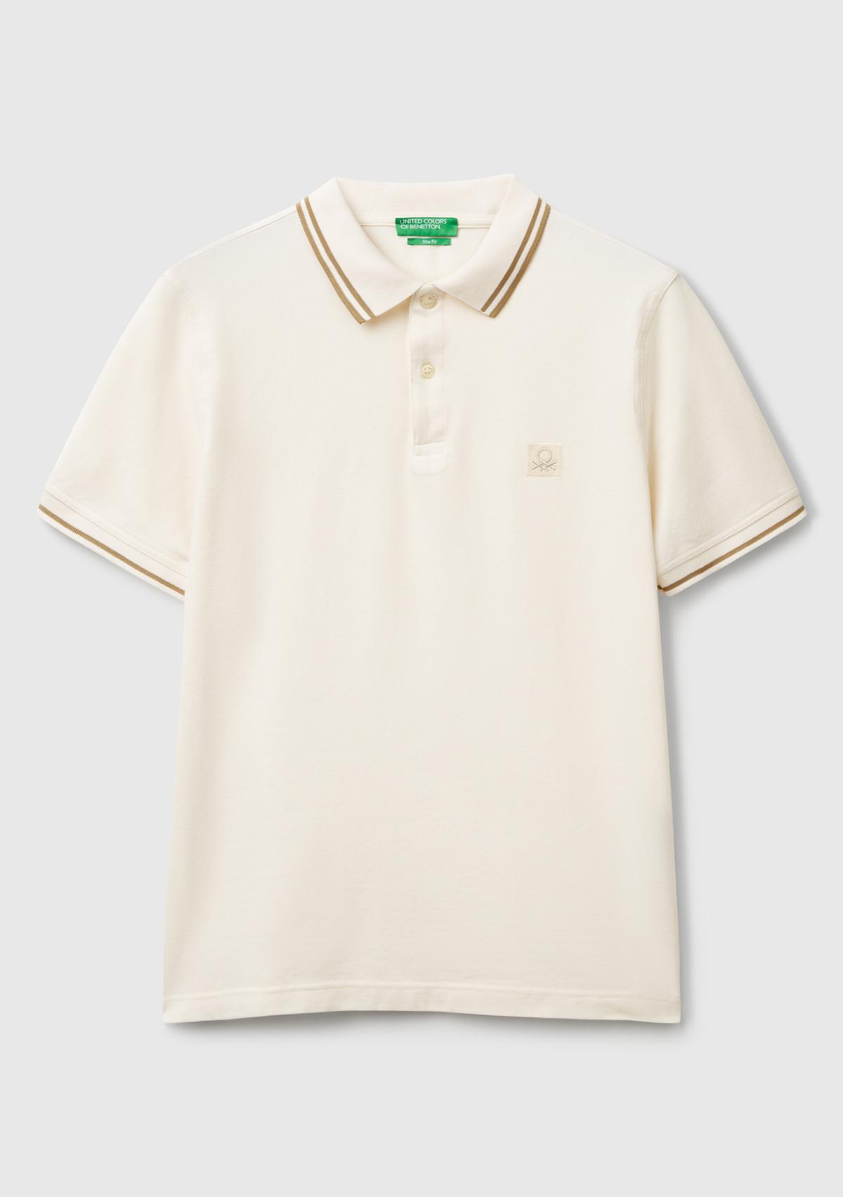 Erkek Krem Kol ve Yakası Çizgili Polo T-Shirt