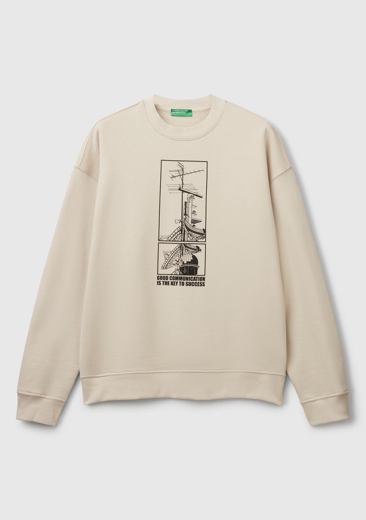 Erkek Taş Rengi Pamuk Karışımlı Önü Baskılı Relax Fit Sweatshirt