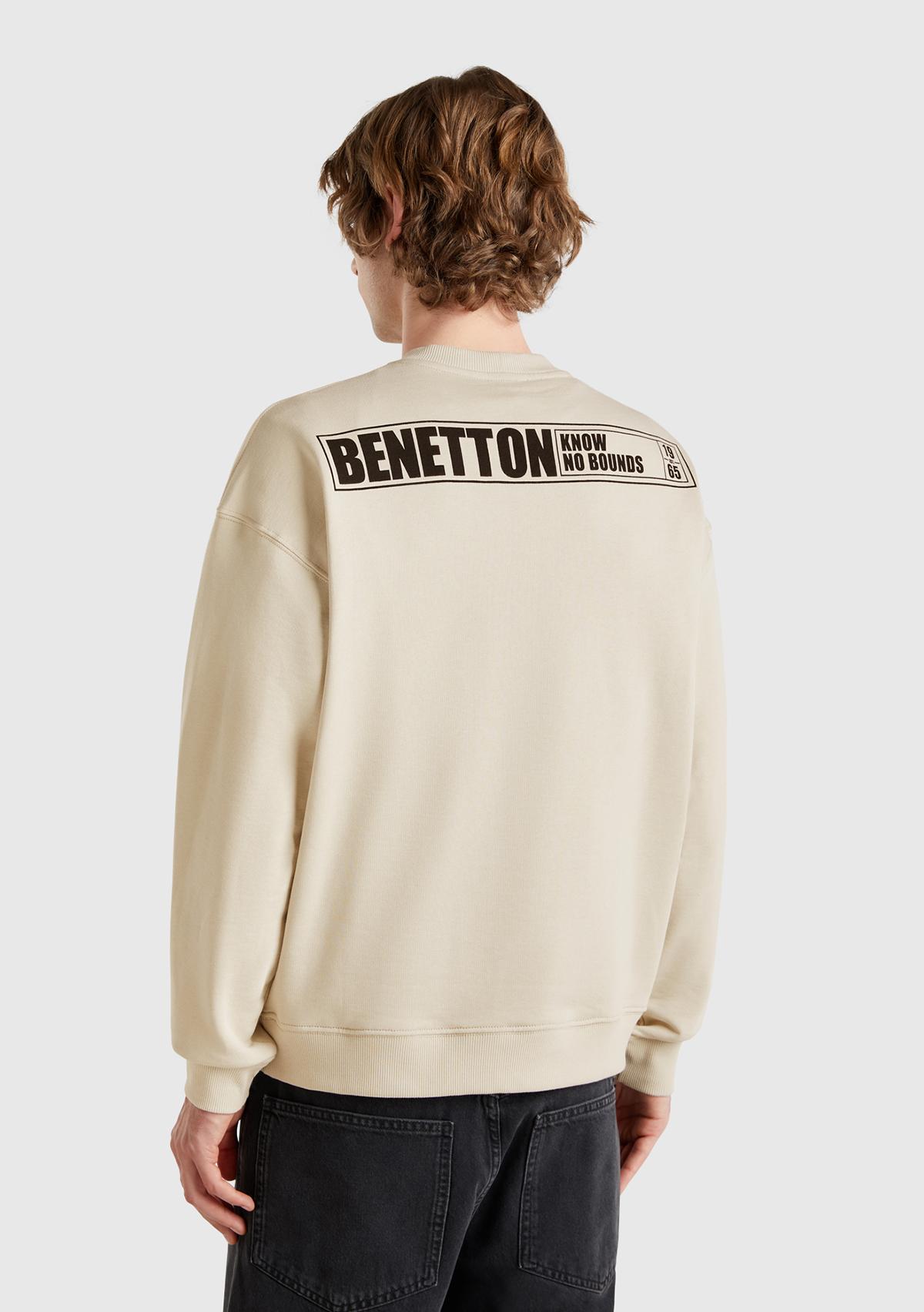 Erkek Taş Rengi Pamuk Karışımlı Önü Baskılı Relax Fit Sweatshirt