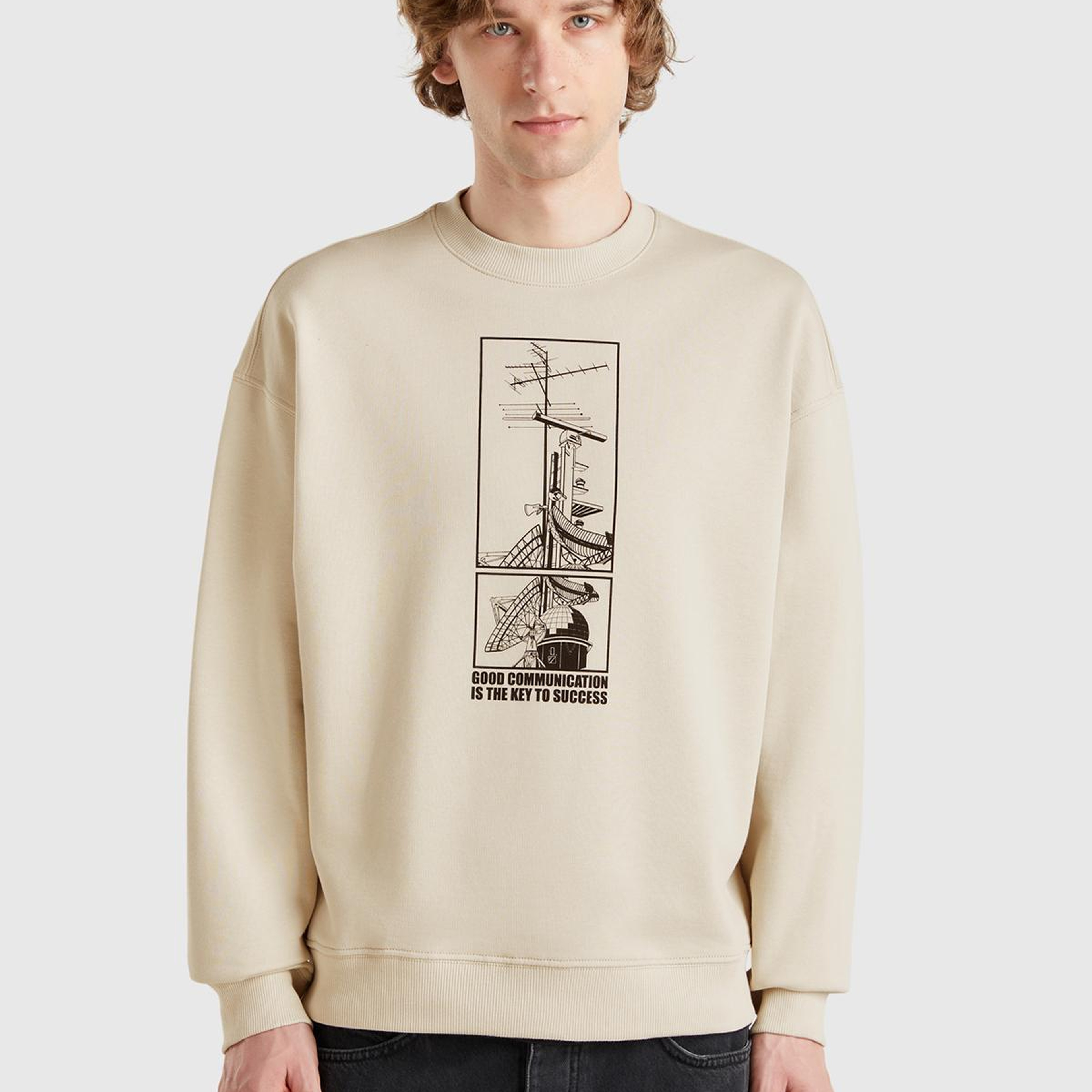 Erkek Taş Rengi Pamuk Karışımlı Önü Baskılı Relax Fit Sweatshirt