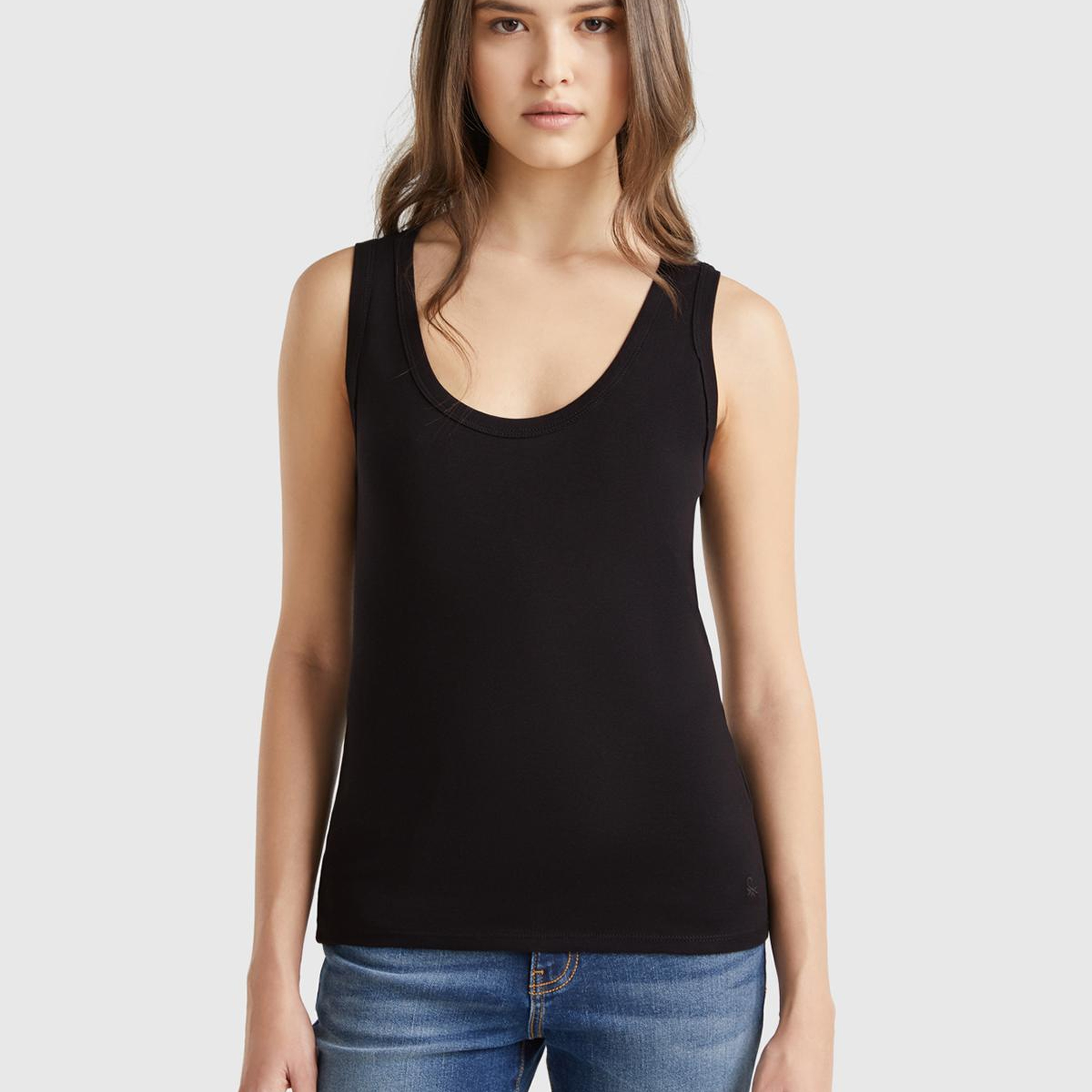 Kadın Siyah %100 Pamuk Ucu Logo İşlemeli Slim Fit Yuvarlak Yaka Atlet