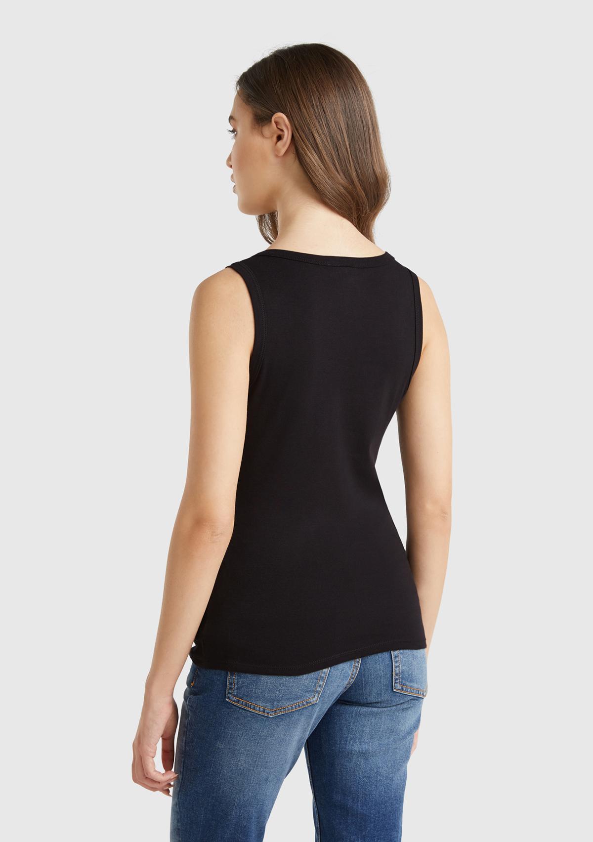 Kadın Siyah %100 Pamuk Ucu Logo İşlemeli Slim Fit Yuvarlak Yaka Atlet