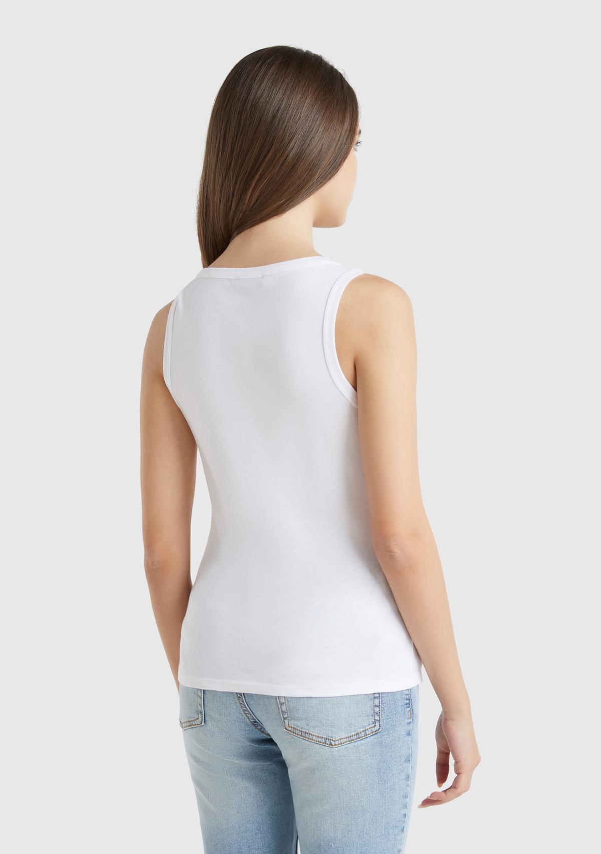 Kadın Beyaz %100 Pamuk Ucu Logo İşlemeli Slim Fit Yuvarlak Yaka Atlet