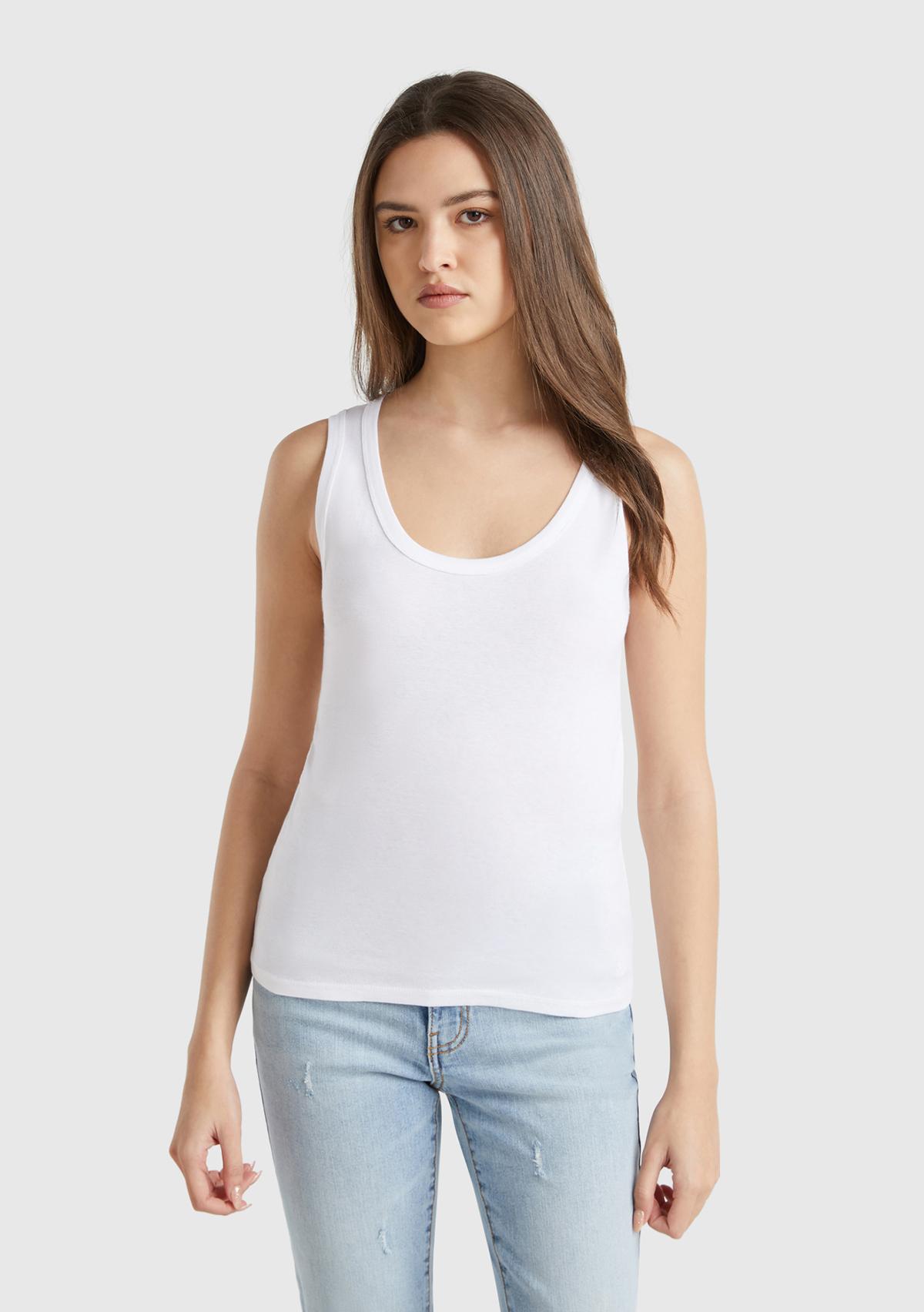 Kadın Beyaz %100 Pamuk Ucu Logo İşlemeli Slim Fit Yuvarlak Yaka Atlet