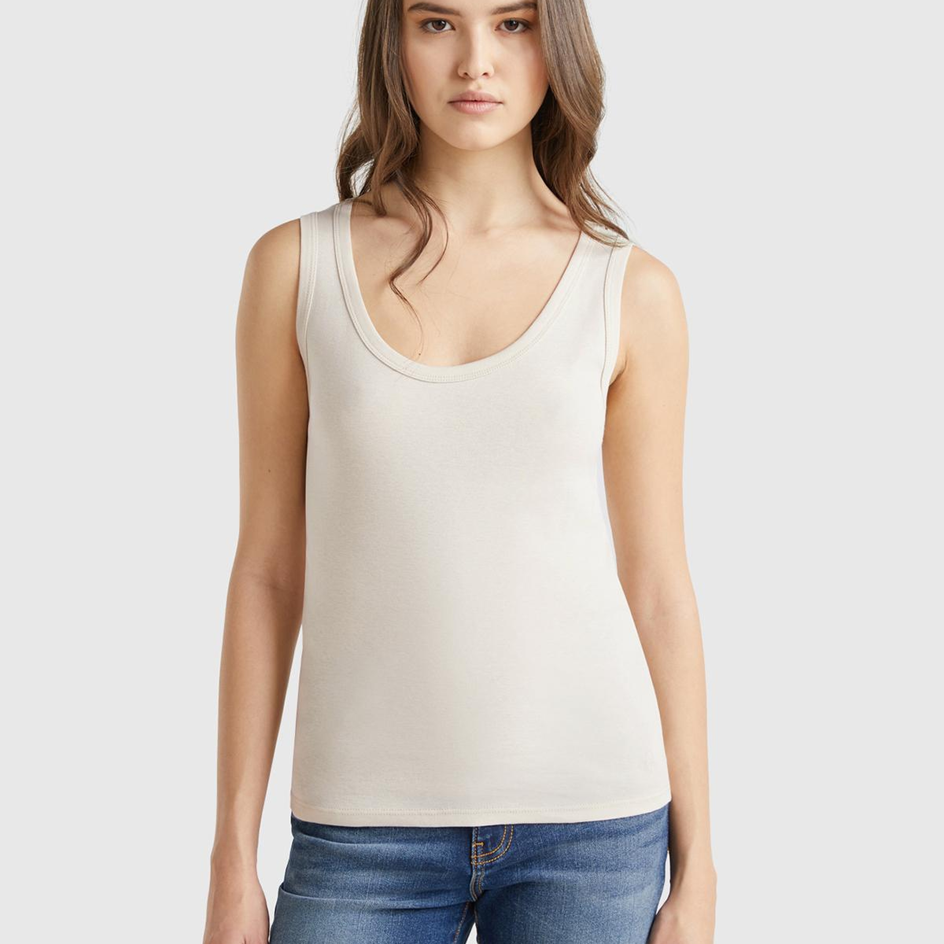 Kadın Taş Rengi %100 Pamuk Ucu Logo İşlemeli Slim Fit Yuvarlak Yaka Atlet