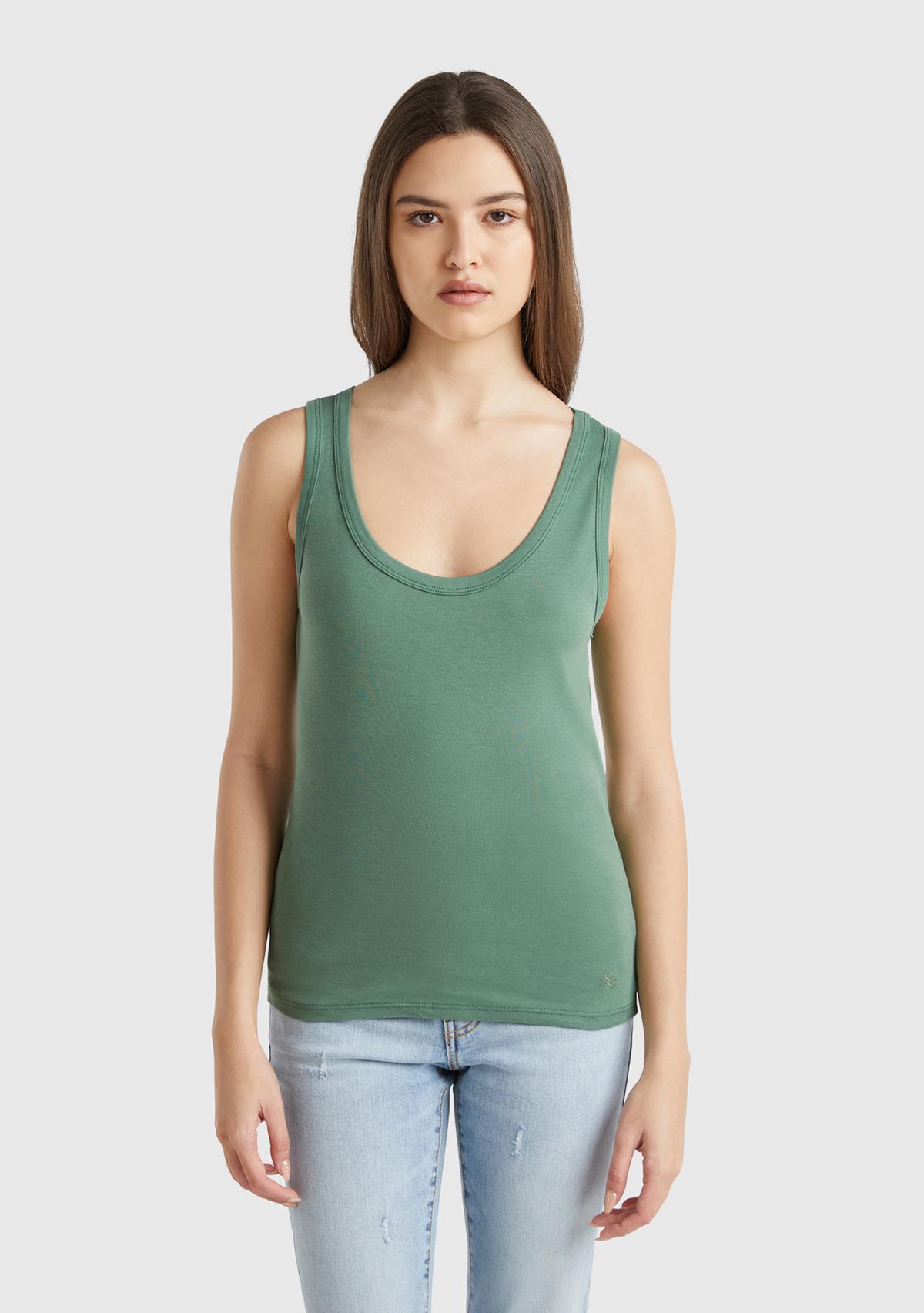 Kadın Açık Yeşil %100 Pamuk Ucu Logo İşlemeli Slim Fit Yuvarlak Yaka Atlet