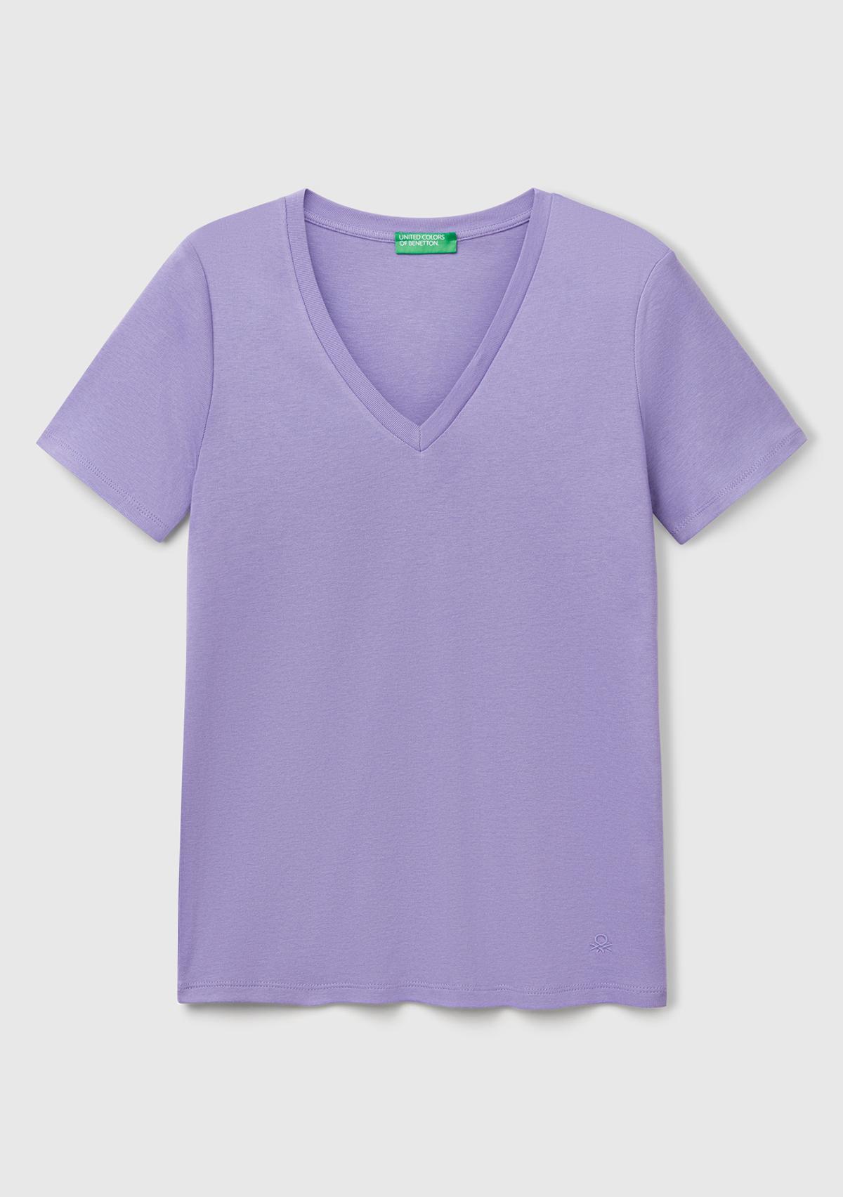 Kadın Mor %100 Pamuk V Yaka Basic T-Shirt