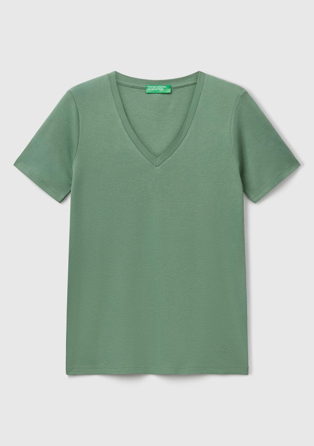 Kadın Açık Yeşil %100 Pamuk V Yaka Basic T-Shirt