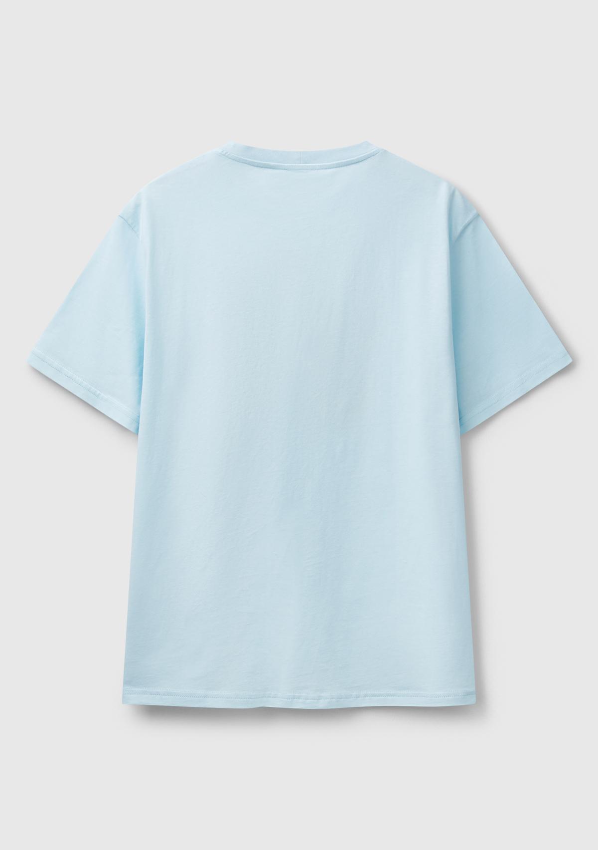 Erkek Açık Mavi %100 Pamuk Önü Logo Baskılı Relax Fit T-Shirt