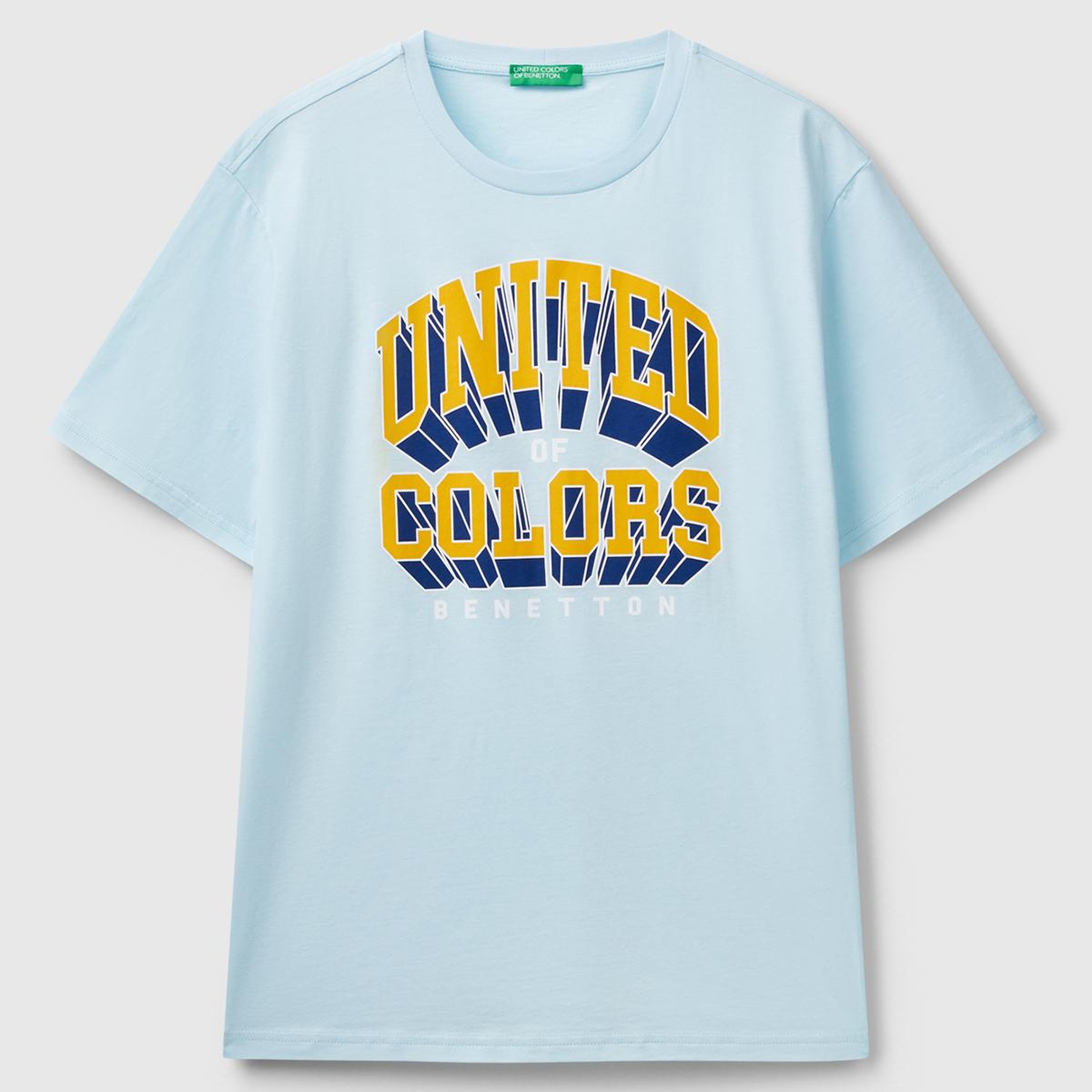 Erkek Açık Mavi %100 Pamuk Önü Logo Baskılı Relax Fit T-Shirt