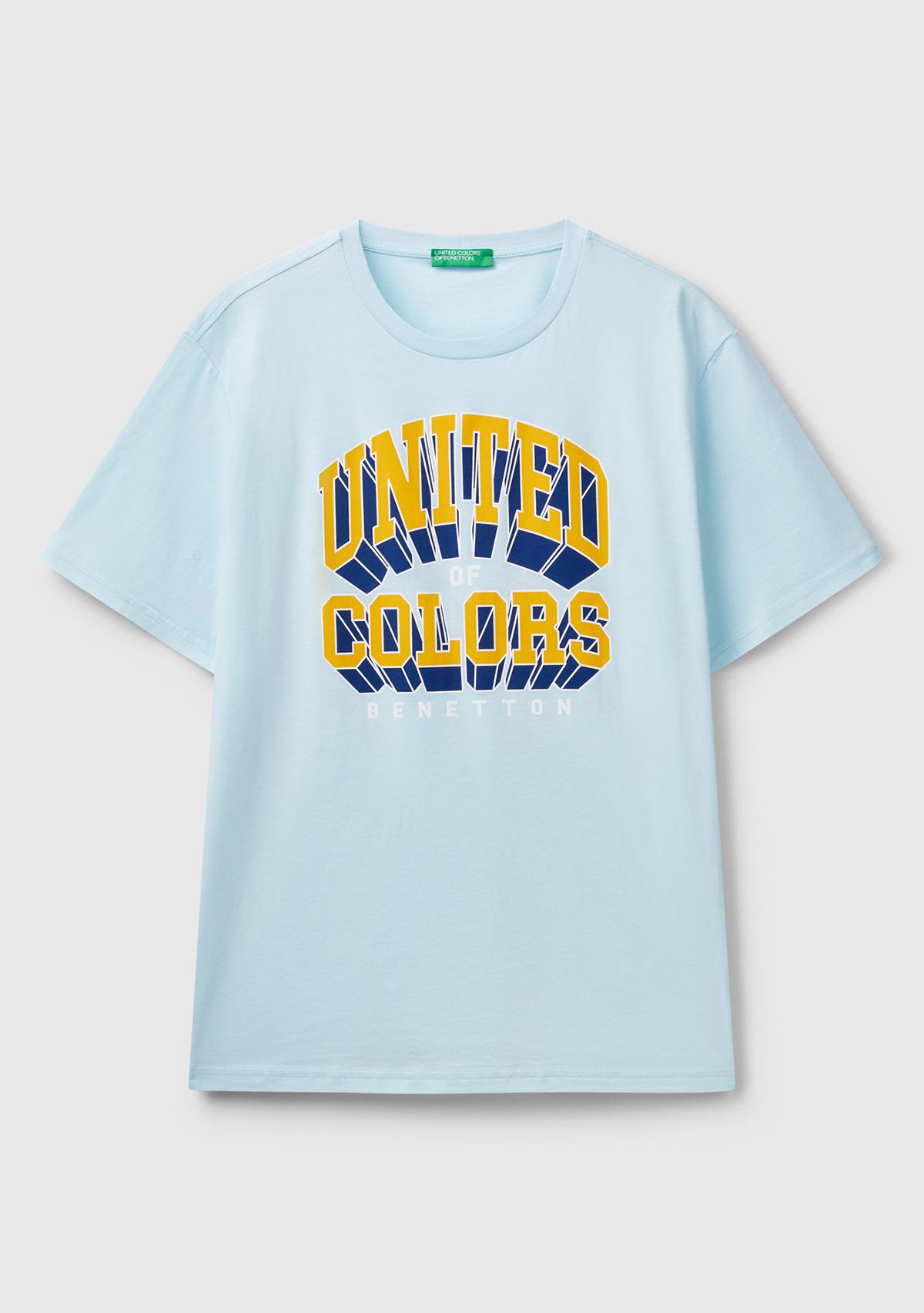 Erkek Açık Mavi %100 Pamuk Önü Logo Baskılı Relax Fit T-Shirt