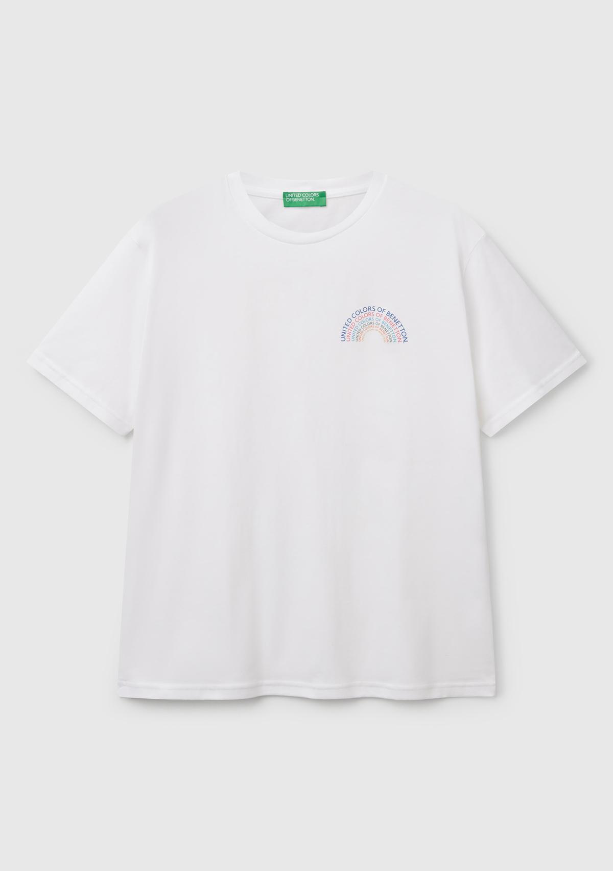 Erkek Beyaz %100 Pamuk Önü Logo Baskılı Relax Fit T-Shirt