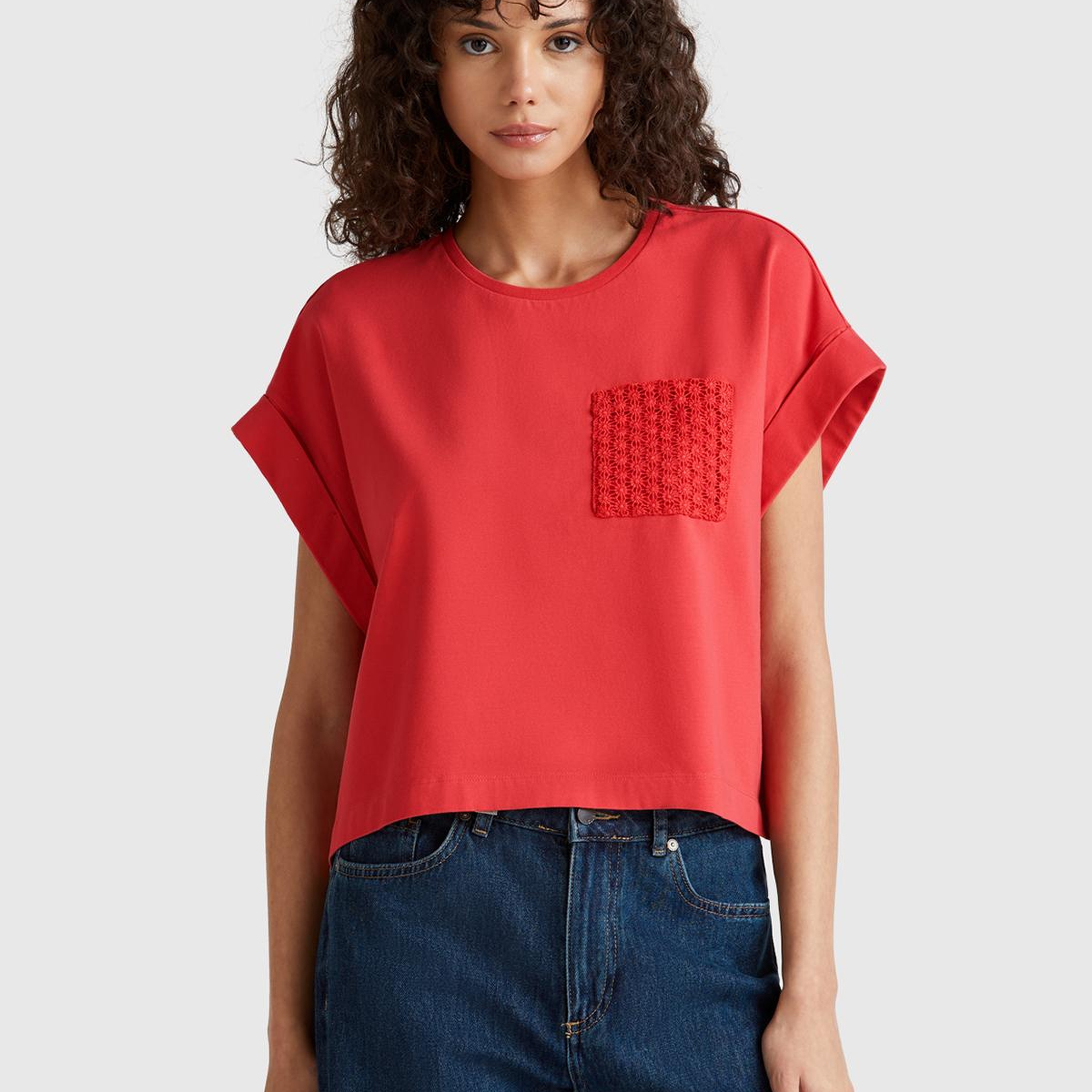 Kadın Mercan Dantel Detaylı Kısa Kol Esnek T-Shirt