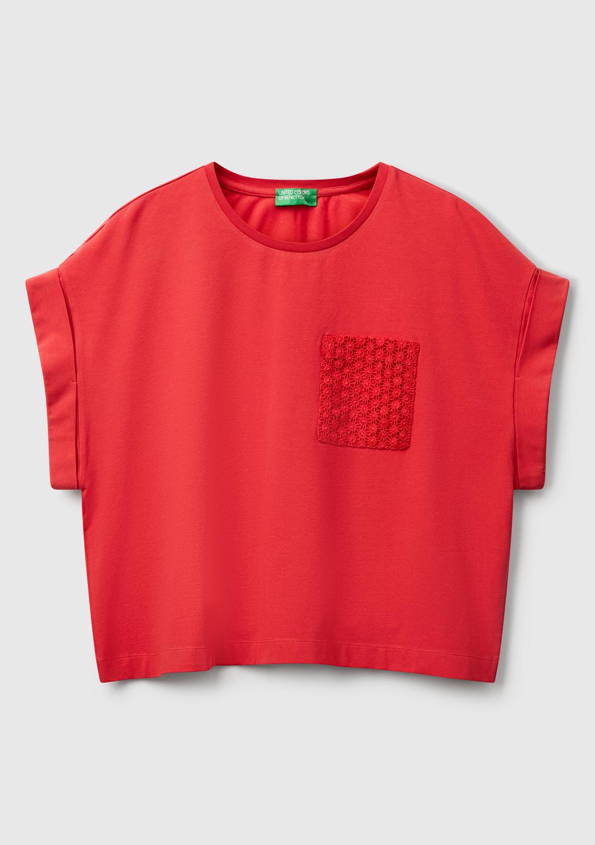 Kadın Mercan Dantel Detaylı Kısa Kol Esnek T-Shirt