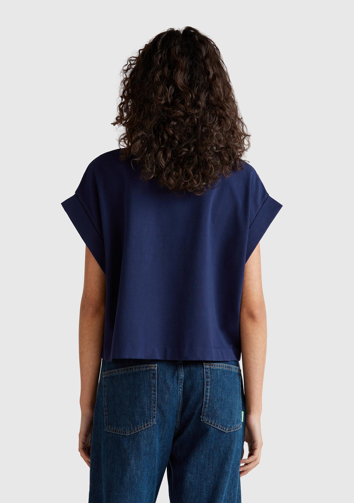 Kadın Lacivert Dantel Detaylı Kısa Kol Esnek T-Shirt