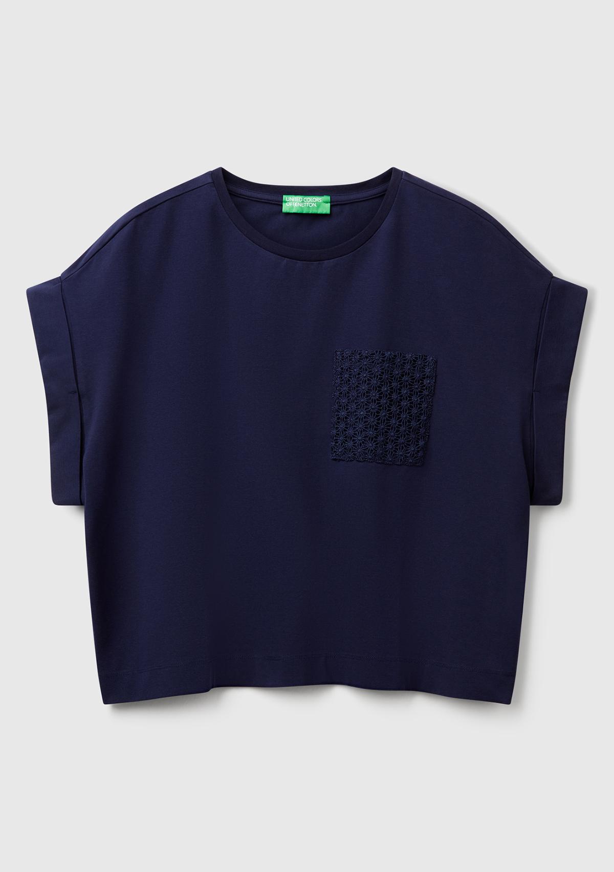 Kadın Lacivert Dantel Detaylı Kısa Kol Esnek T-Shirt