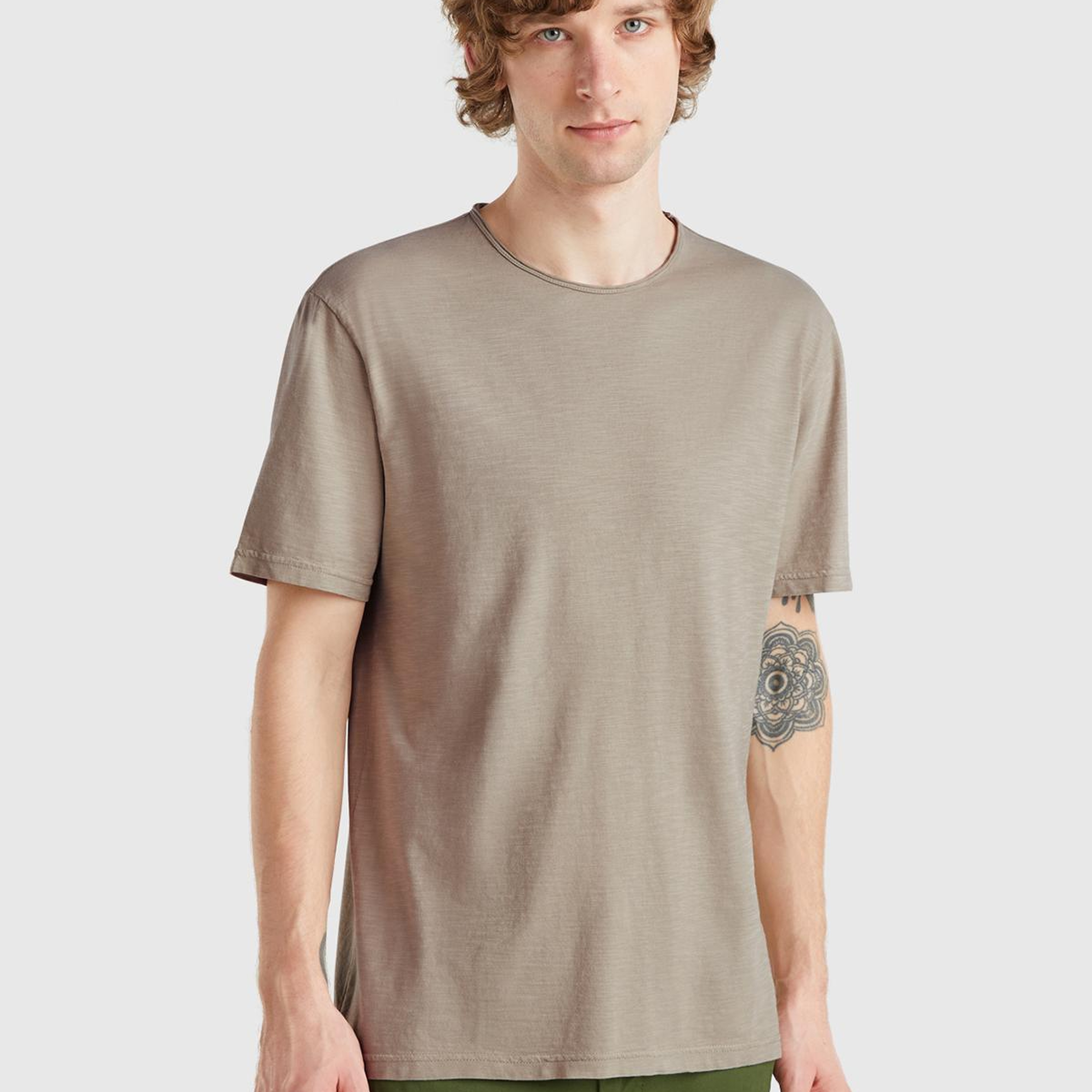 Erkek Bej Bisiklet Yaka Slub T-shirt