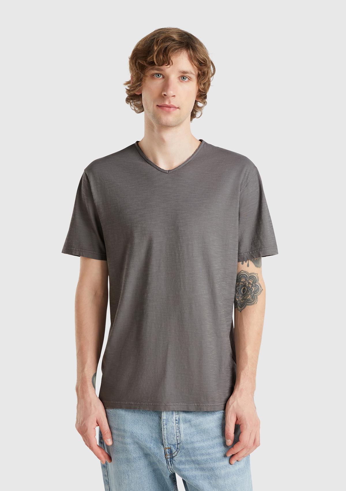 Erkek Antrasit V Yaka Slub T-shirt