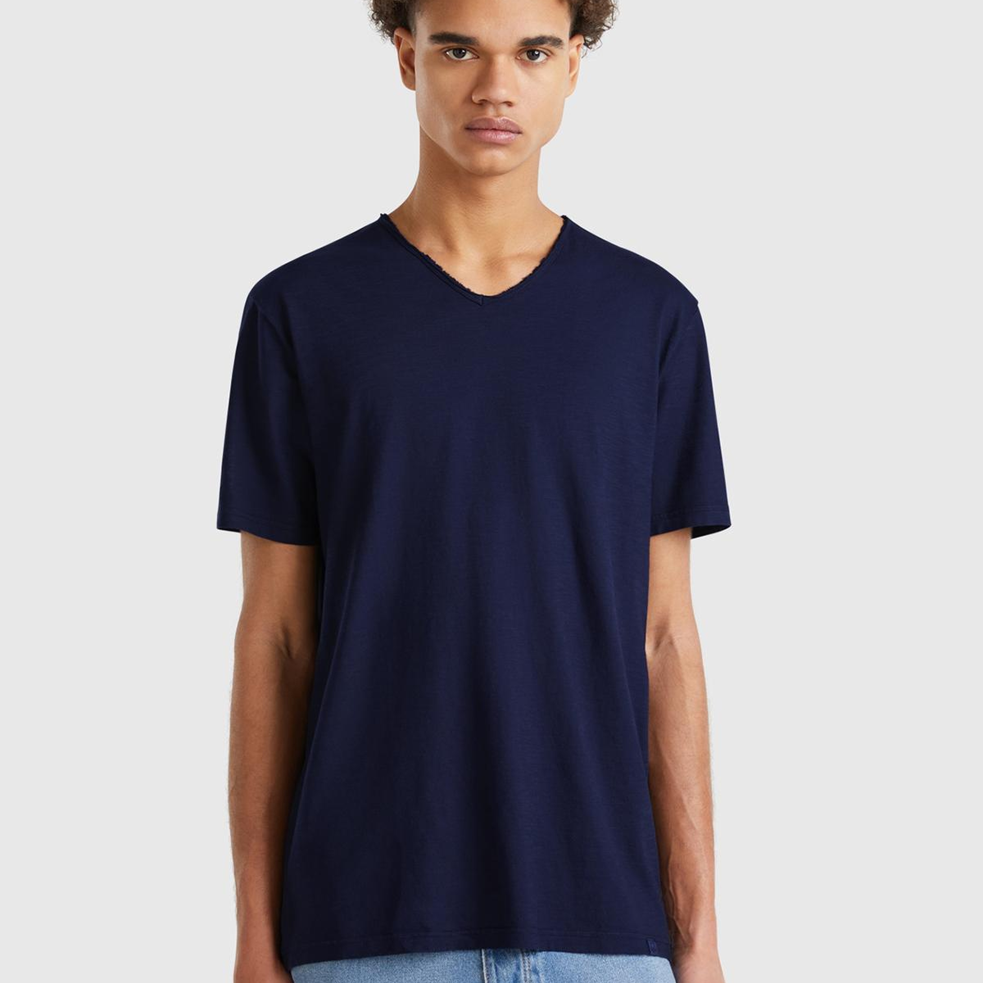 Erkek Lacivert V Yaka Slub T-shirt