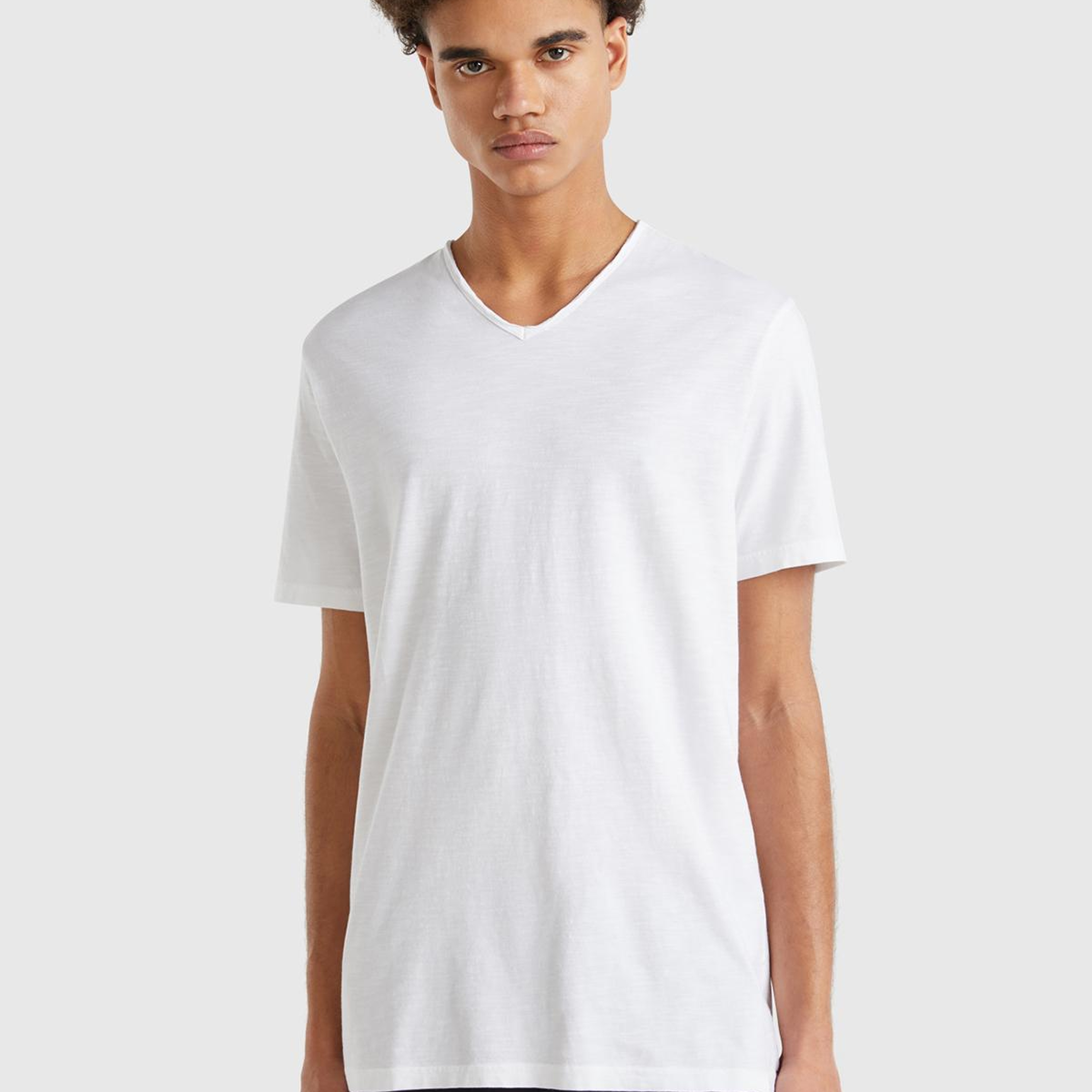 Erkek Beyaz V Yaka Slub T-shirt