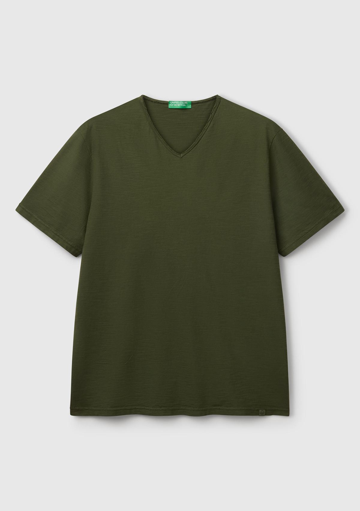 Erkek Koyu Yeşil V Yaka Slub T-shirt