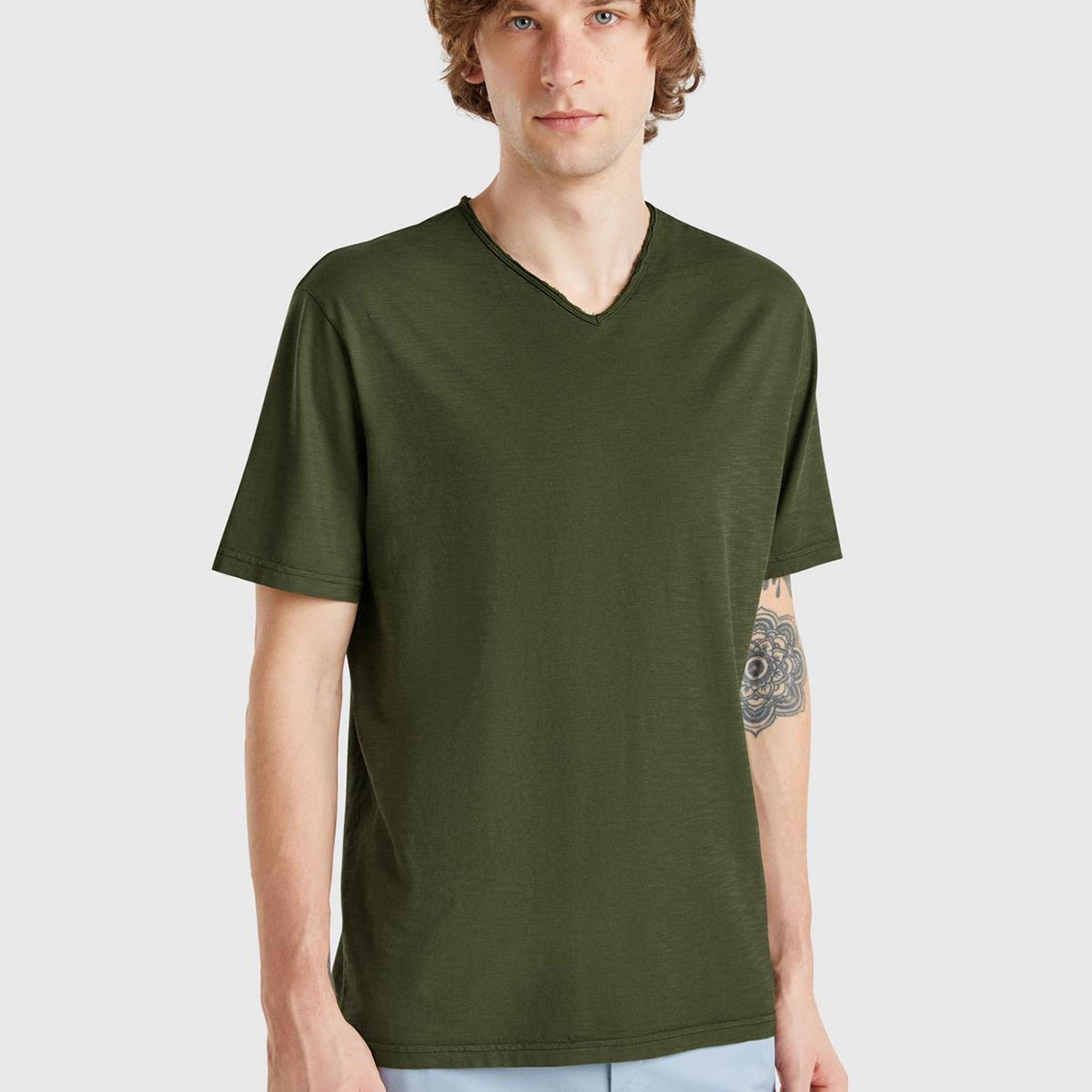 Erkek Koyu Yeşil V Yaka Slub T-shirt