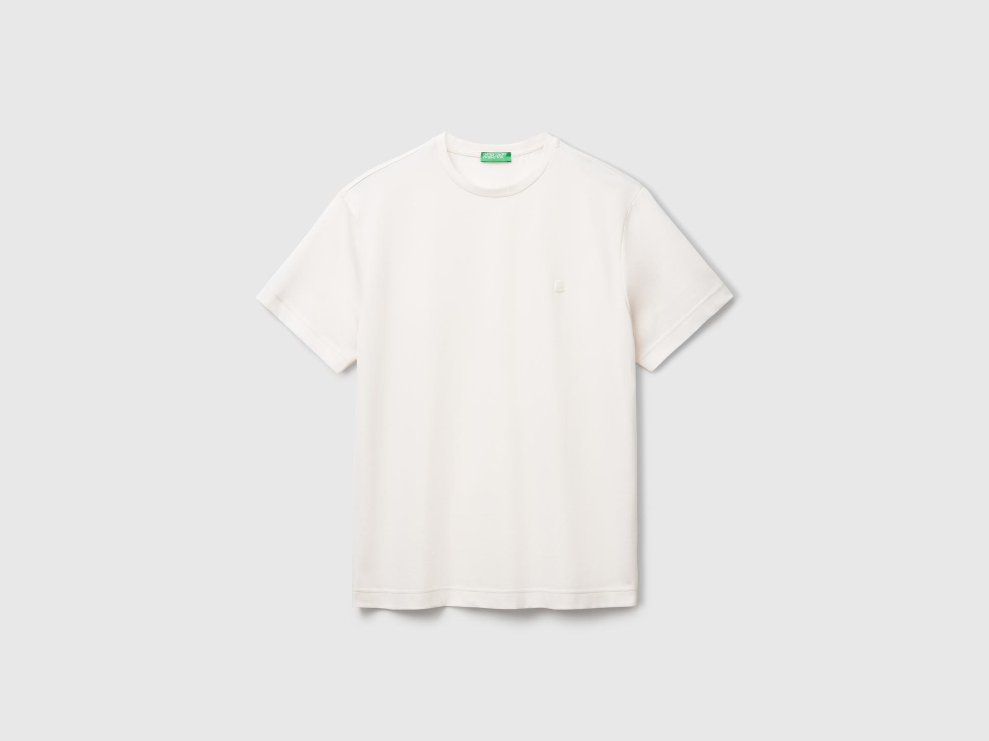 Erkek Krem %100 Pamuk Göğsü Yama Logo İşlemeli Bisiklet Yaka T-Shirt