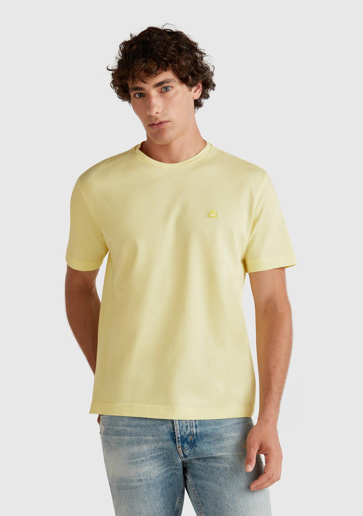 Erkek Sarı %100 Pamuk Göğsü Yama Logo İşlemeli Bisiklet Yaka T-Shirt