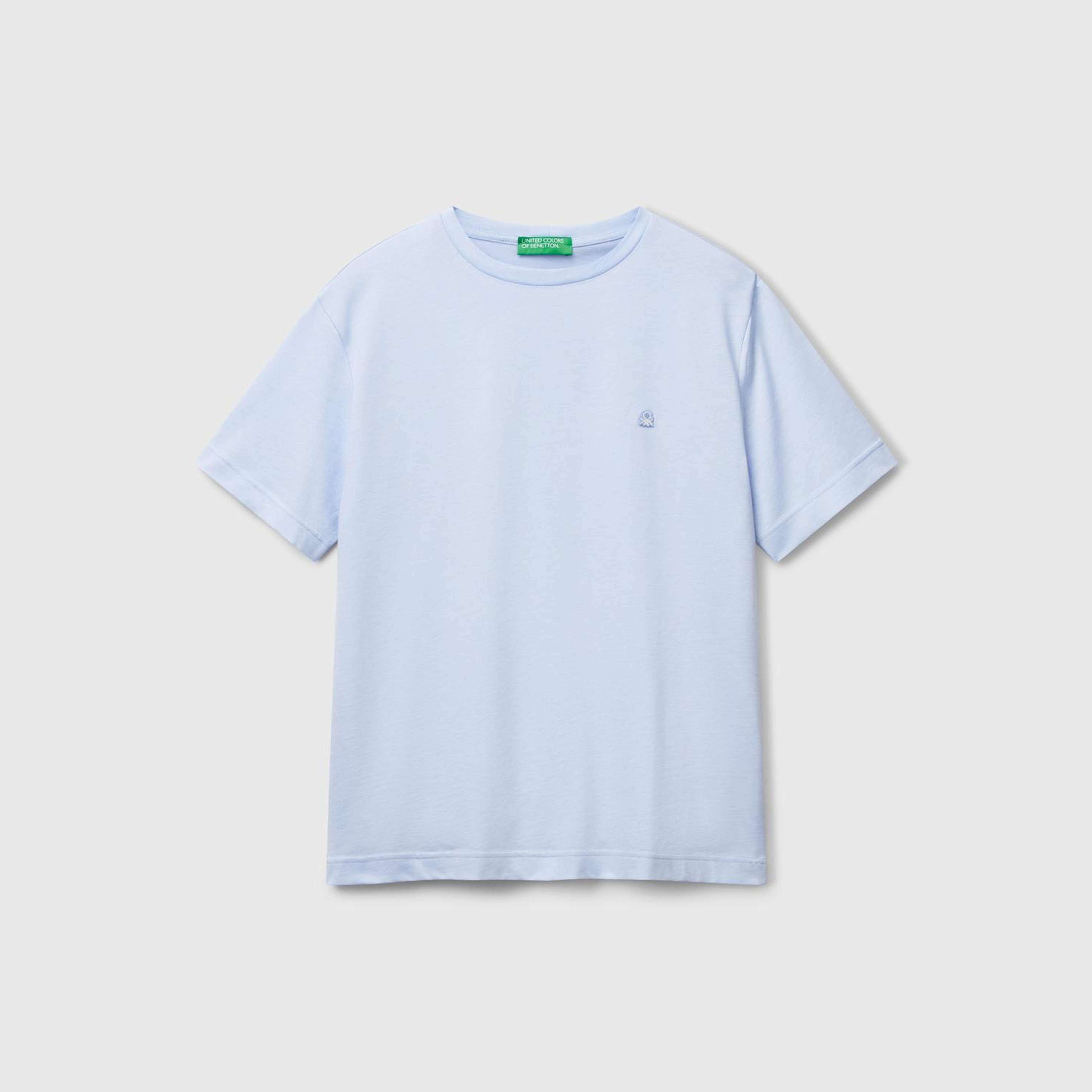 Erkek Açık Mavi %100 Pamuk Göğsü Yama Logo İşlemeli Bisiklet Yaka T-Shirt