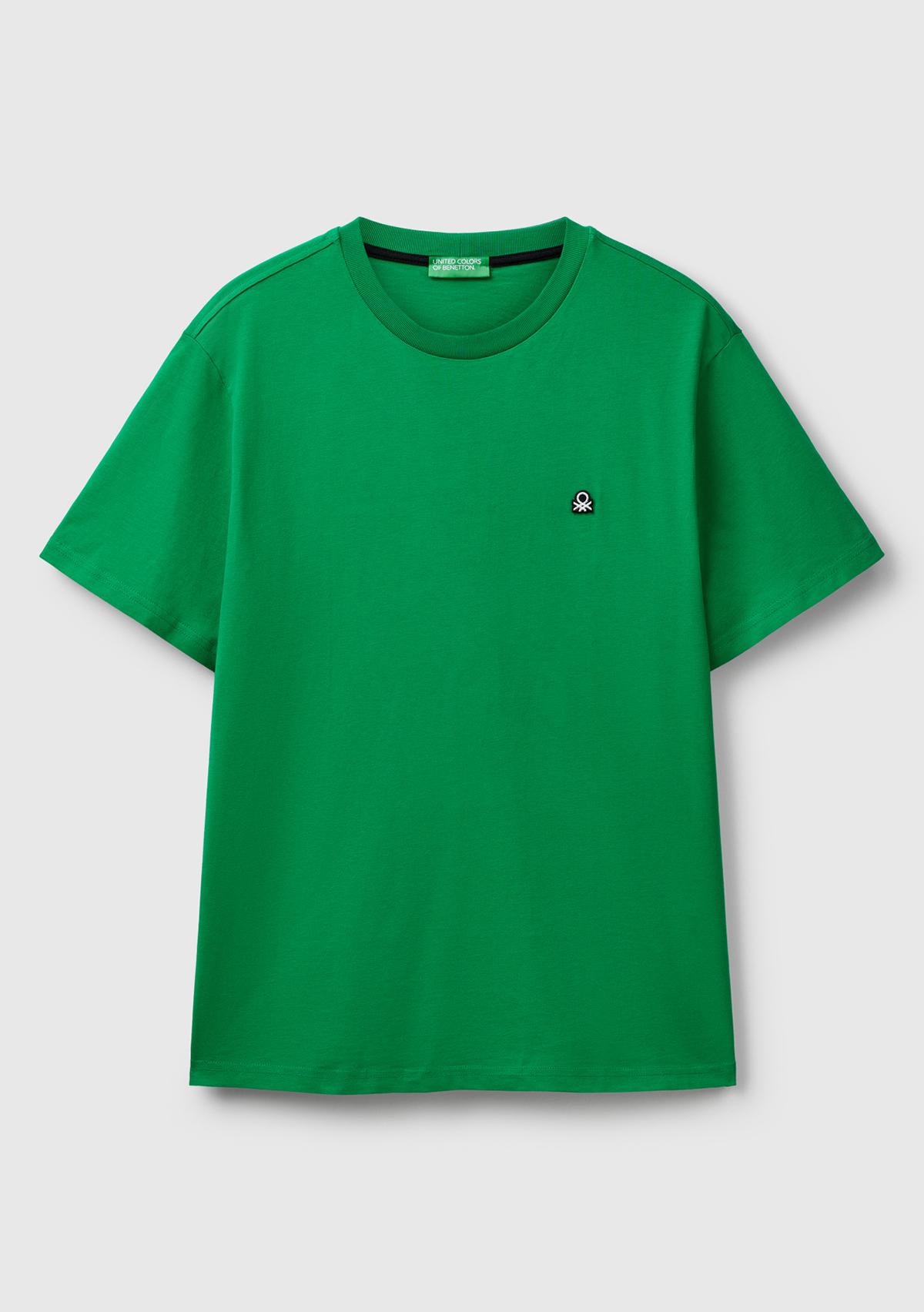 Erkek Yeşil %100 Koton Benetton Logolu Bisiklet Yaka T-Shirt