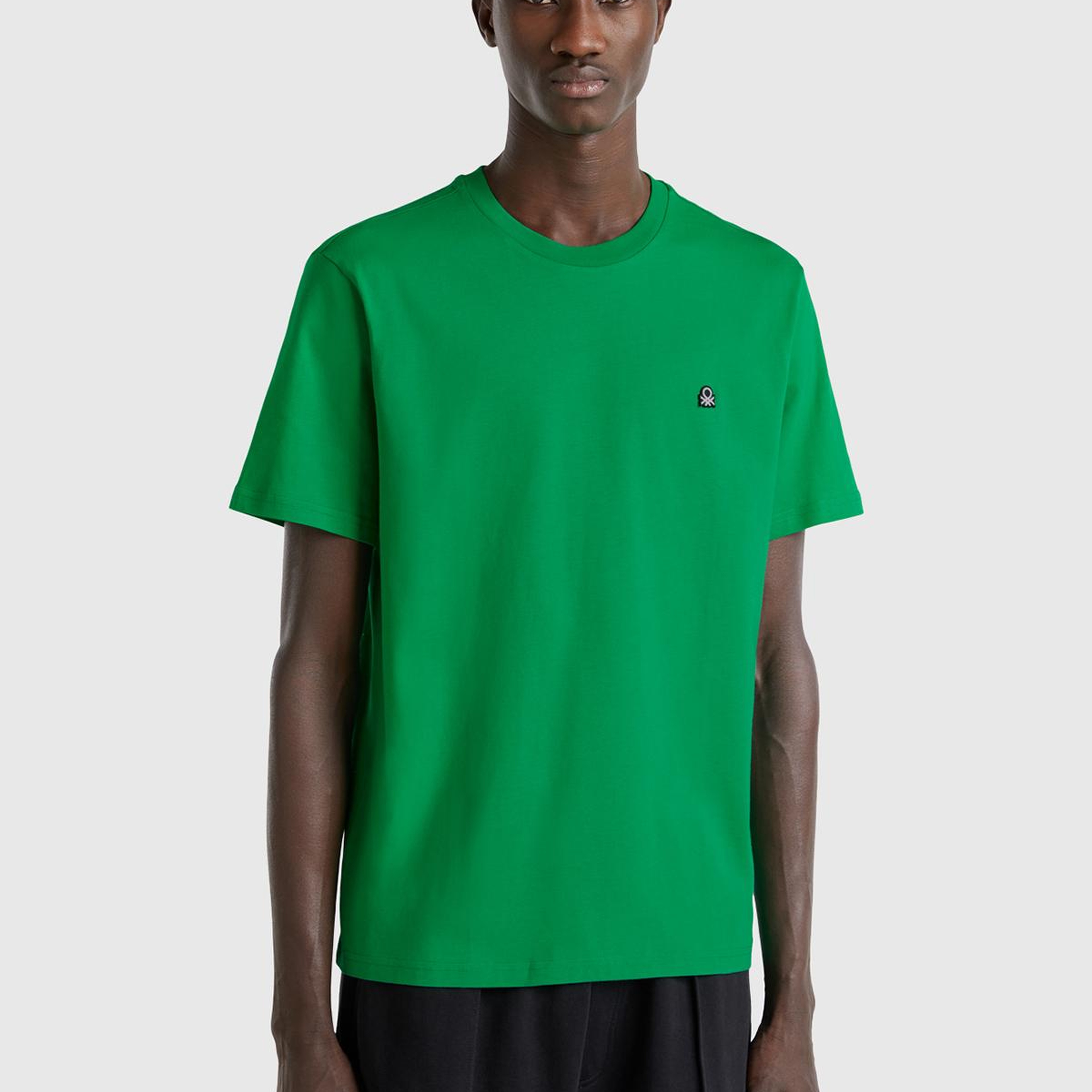 Erkek Yeşil %100 Koton Benetton Logolu Bisiklet Yaka T-Shirt